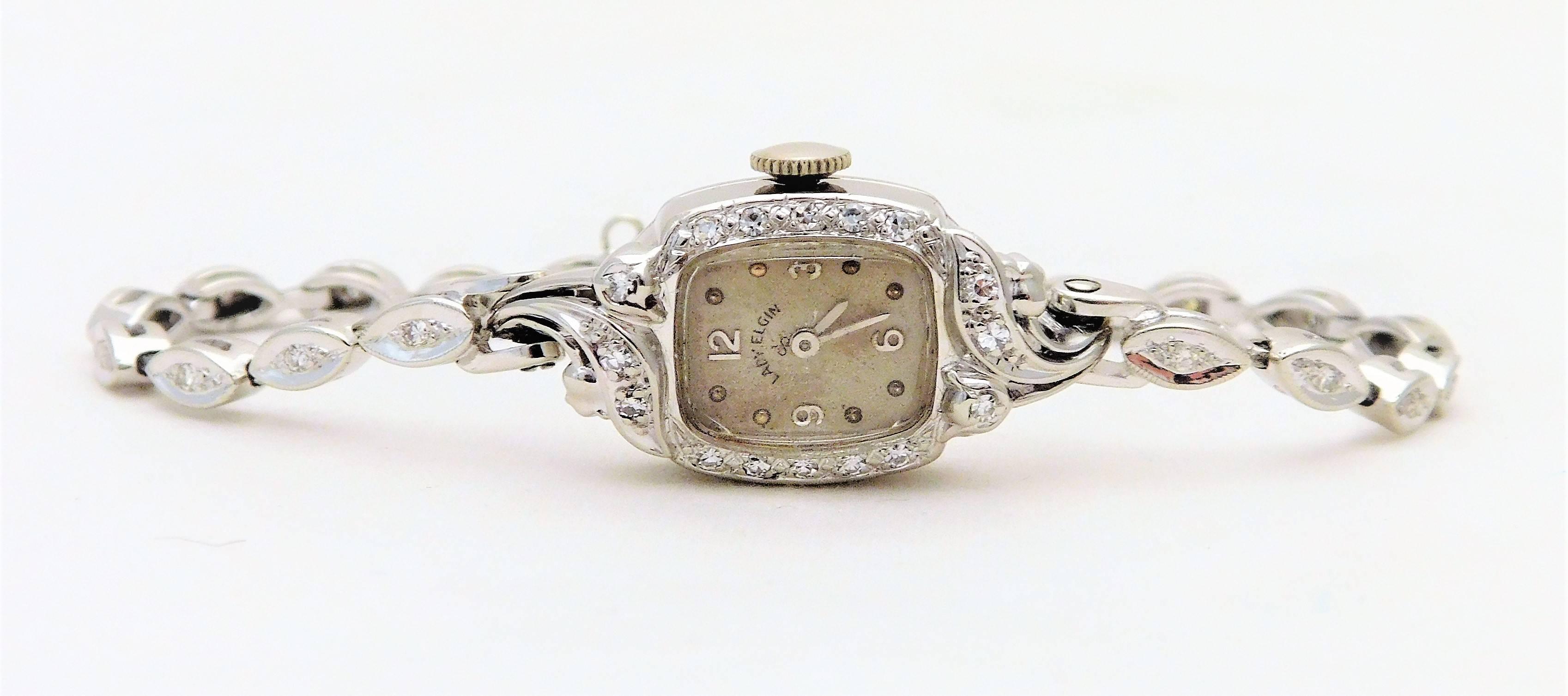 From an elegant Southern estate.  Circa 1930-1940.  This gorgeous lady Elgin wristwatch has been crafted in solid 14k white gold.  It is all original parts including the 19-jewel manual movement, hand painted dial, and 15mm case.  The movement runs