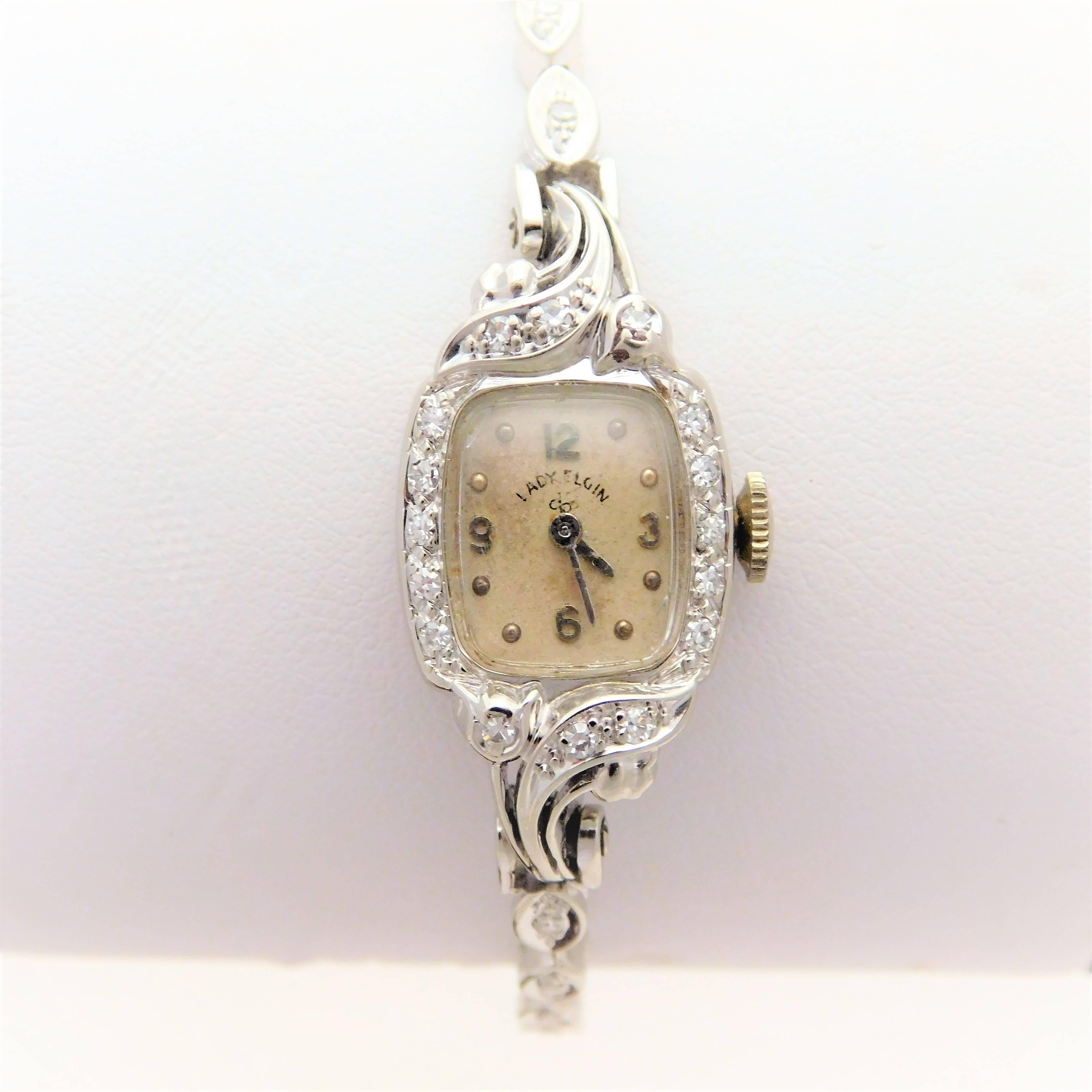 Lady Elgin Ladies White Gold Diamond Art Deco manual Wristwatch For Sale 2