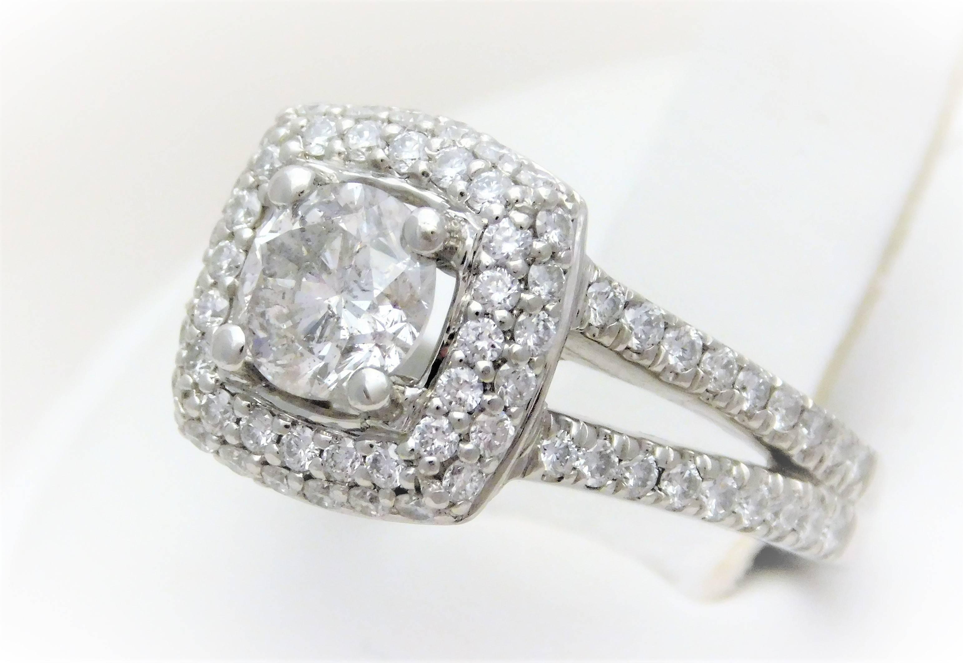 Round Brilliant Diamond Platinum Engagement Ring with Double Diamond Halo In New Condition For Sale In Metairie, LA