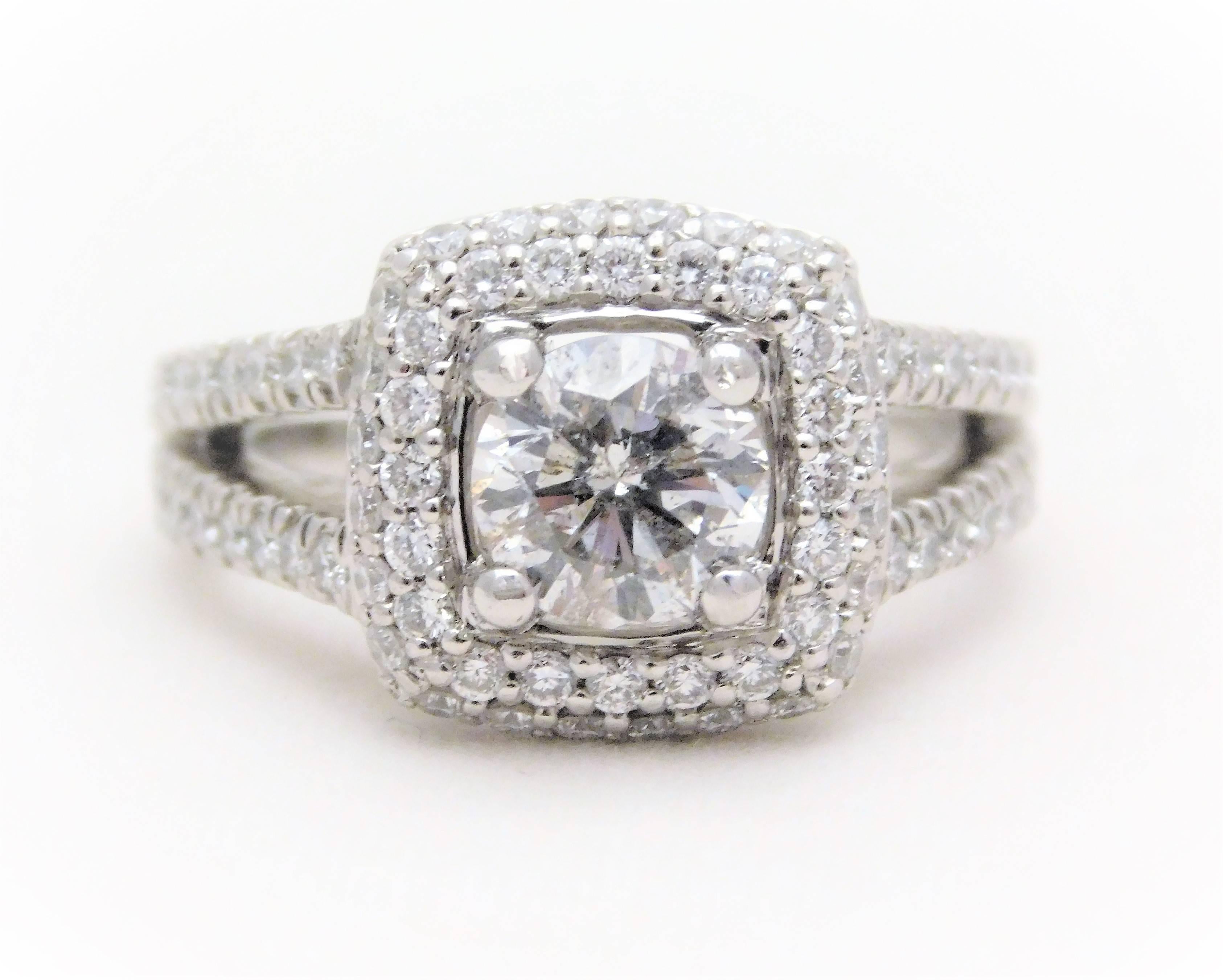 Round Brilliant Diamond Platinum Engagement Ring with Double Diamond Halo For Sale 1
