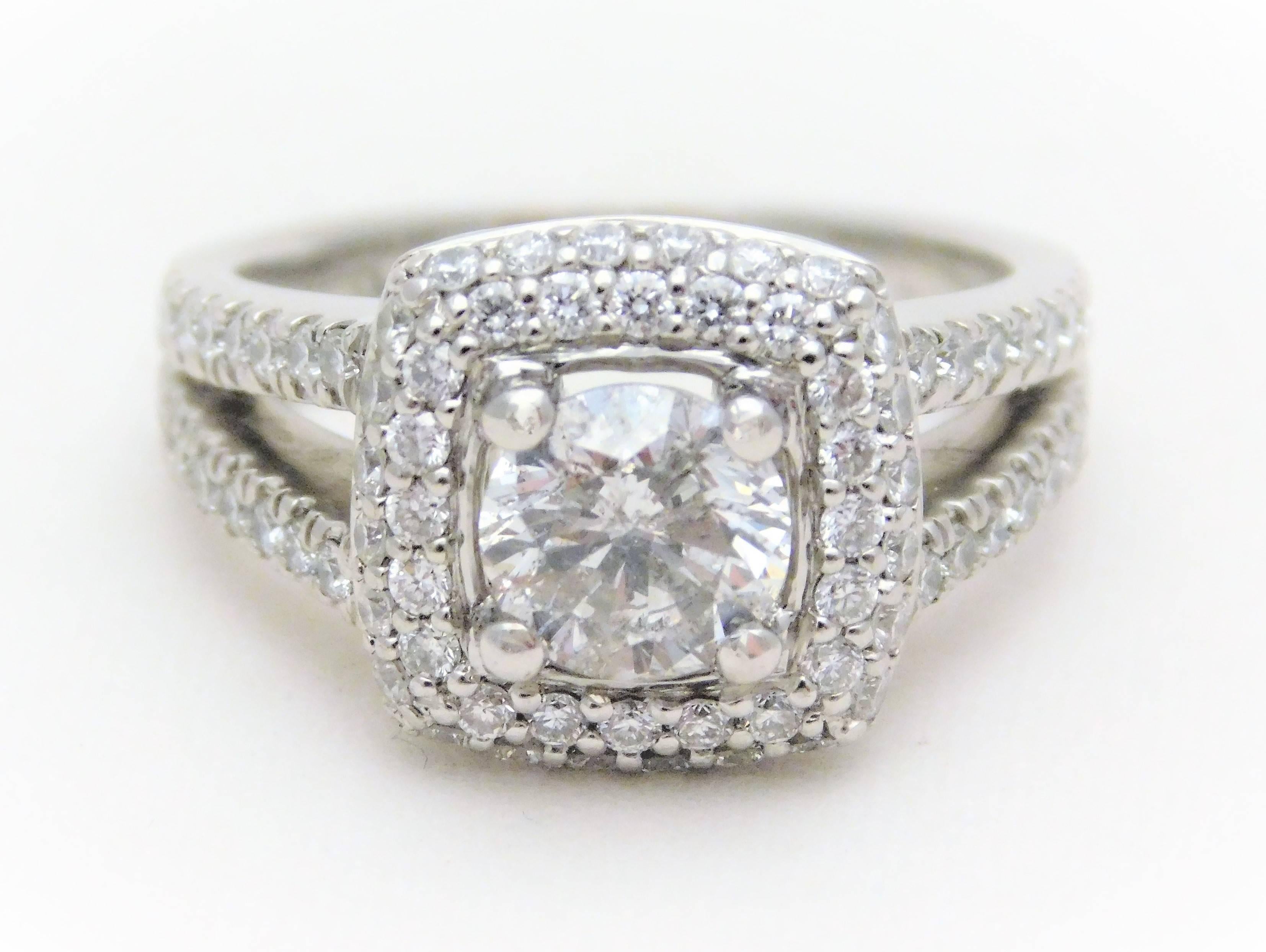 Round Brilliant Diamond Platinum Engagement Ring with Double Diamond Halo For Sale 2