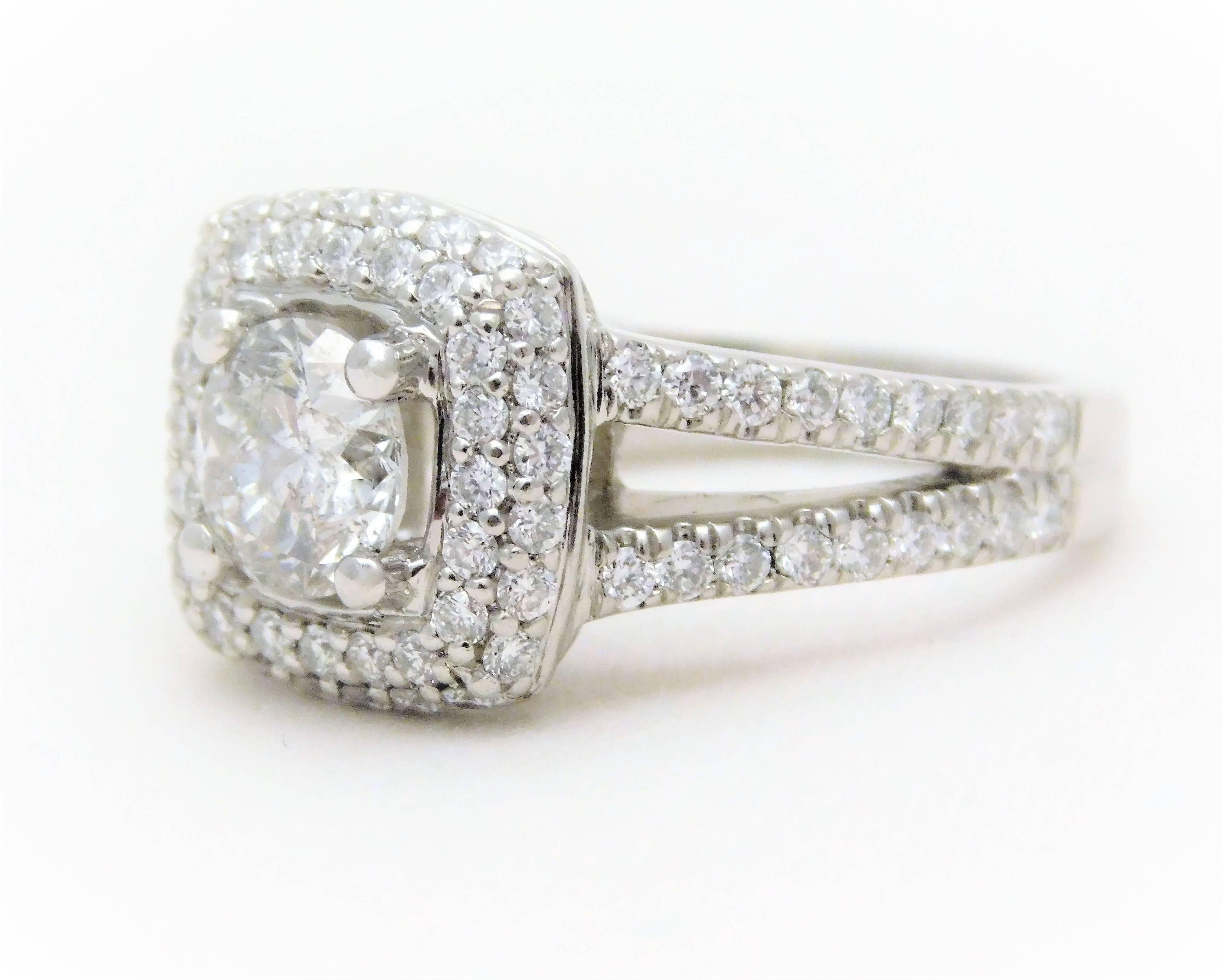 Round Brilliant Diamond Platinum Engagement Ring with Double Diamond Halo For Sale 3