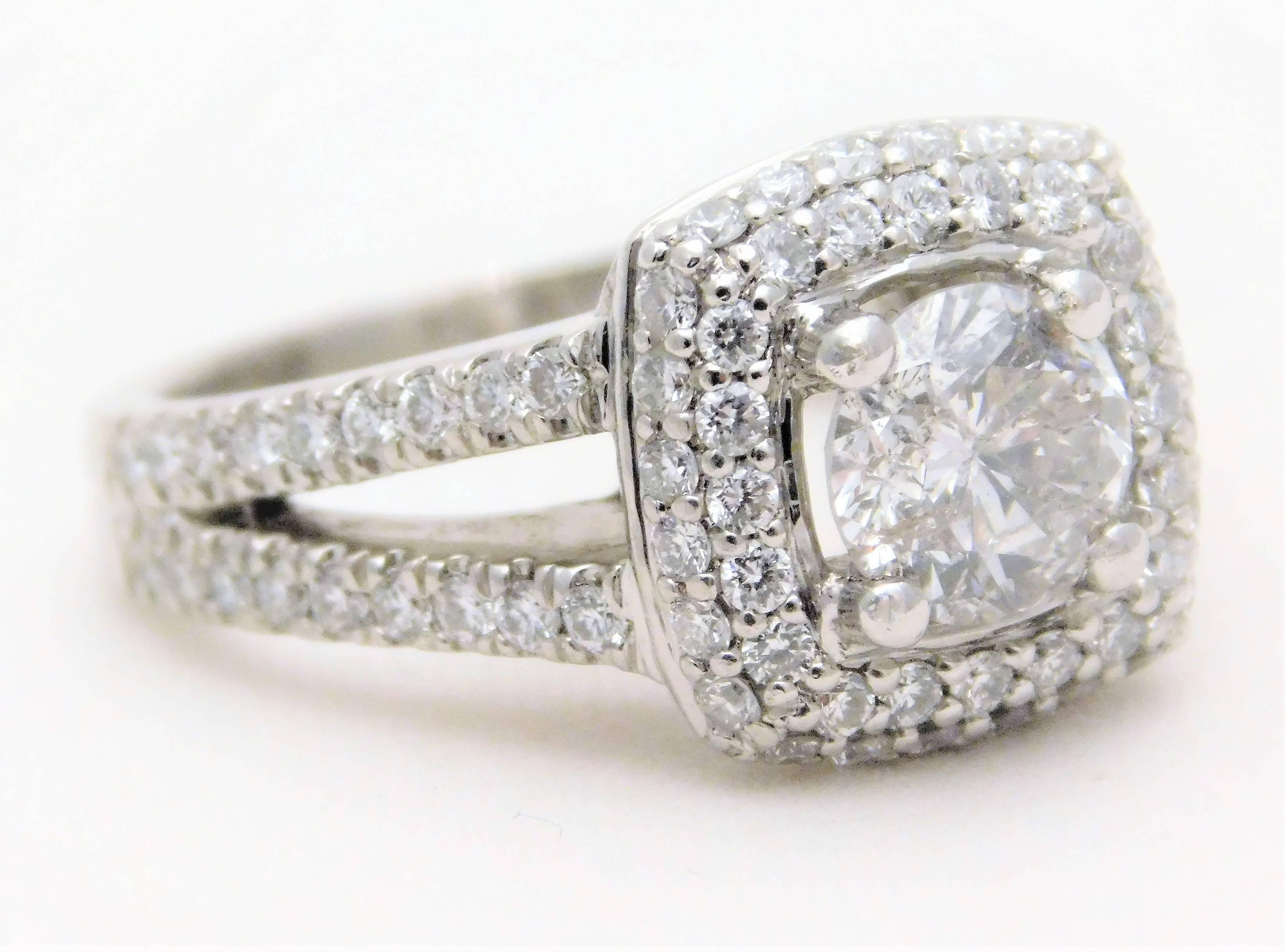 Round Brilliant Diamond Platinum Engagement Ring with Double Diamond Halo For Sale 5