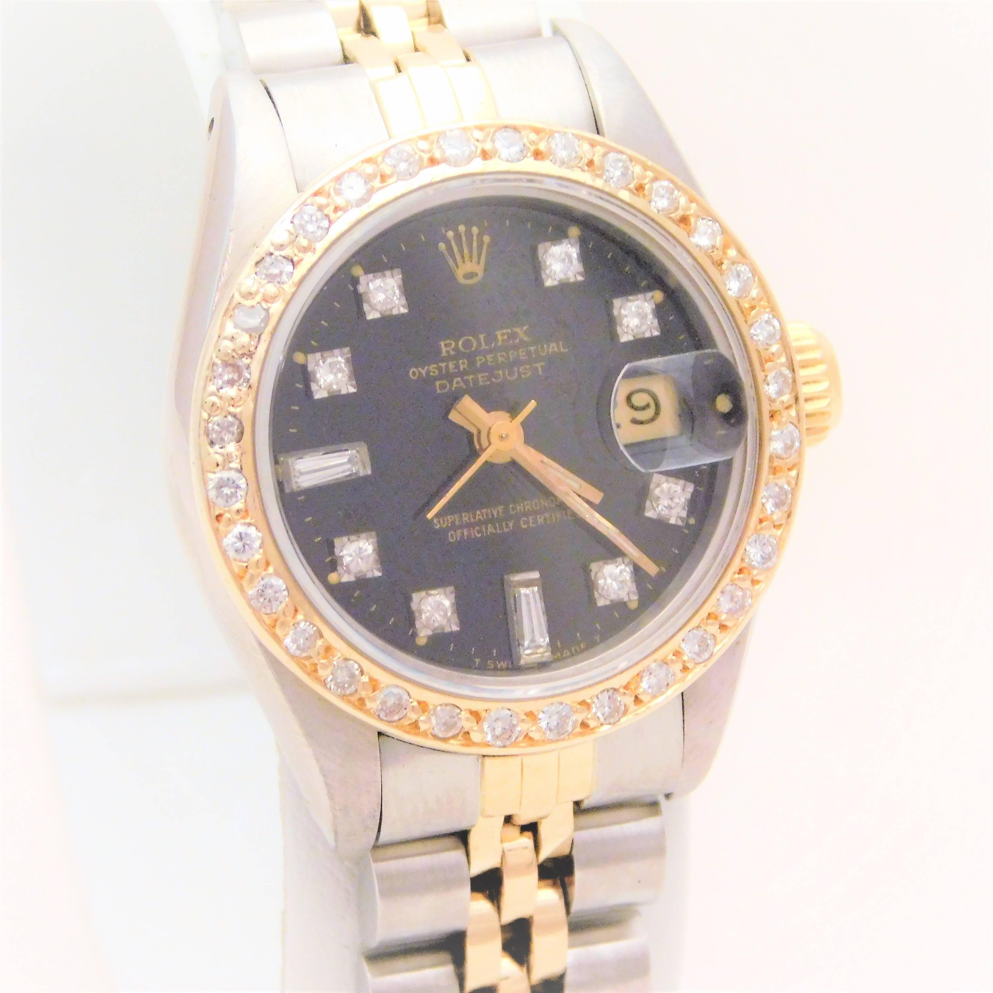 Rolex Ladies Yellow Gold Stainless Steel Diamond Datejust Automatic Wristwatch In Excellent Condition In Metairie, LA