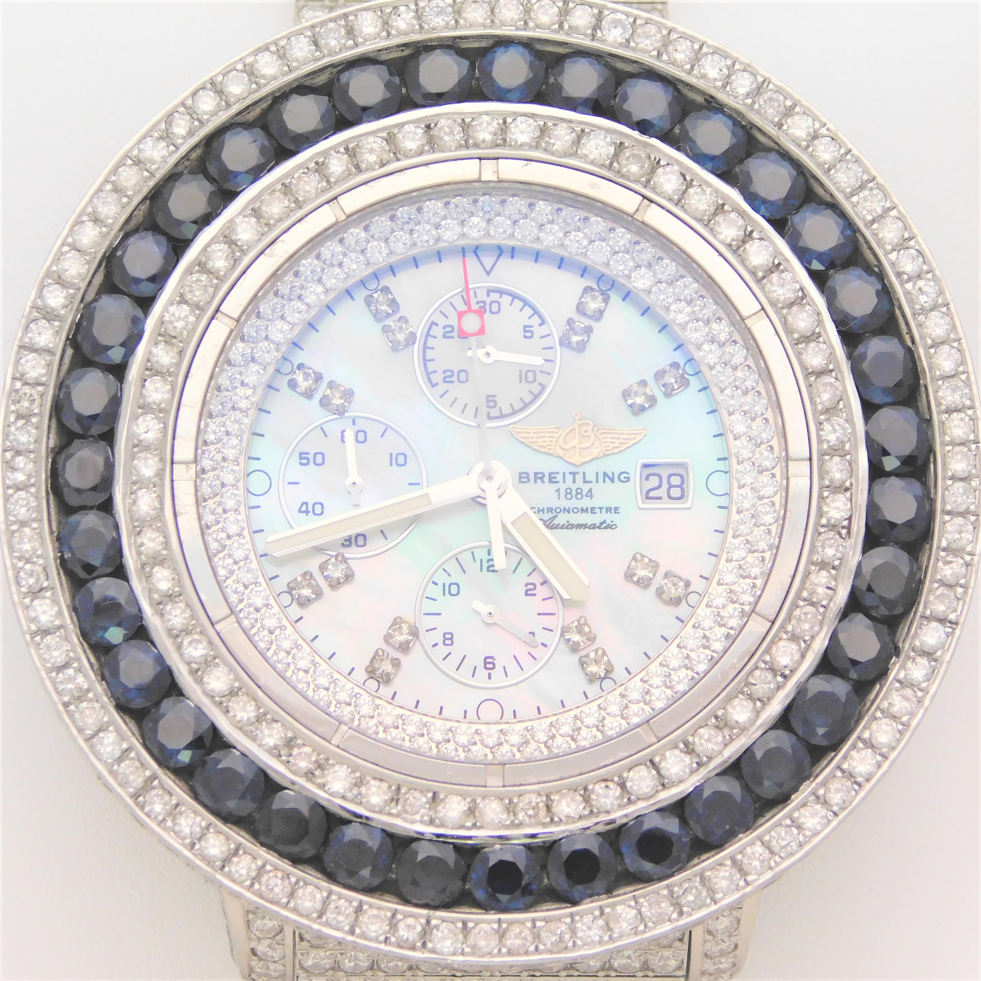 Modern Custom Stainless 45 Carat Diamond and Sapphire Breitling Super Avenger Wristwatc For Sale