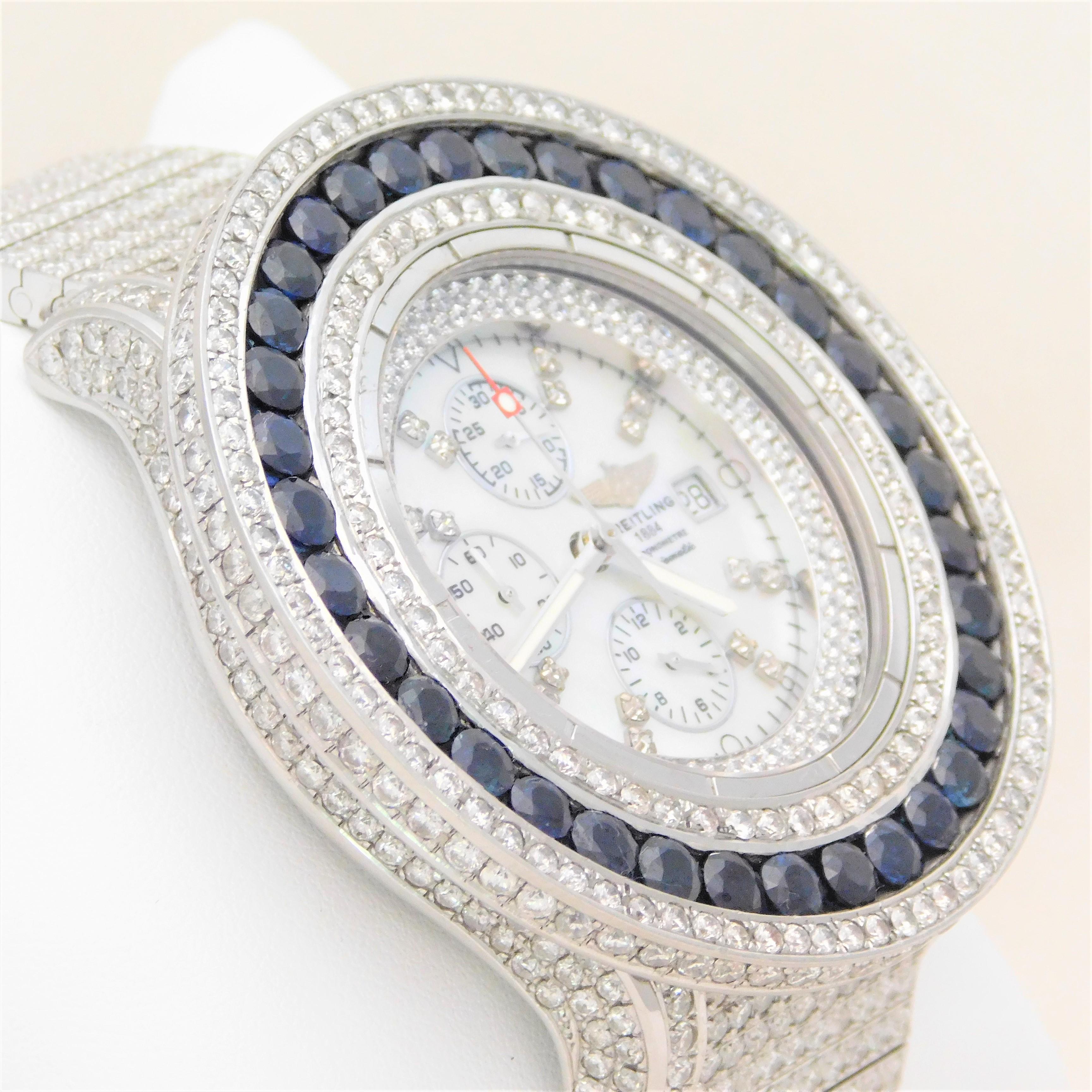 Round Cut Custom Stainless 45 Carat Diamond and Sapphire Breitling Super Avenger Wristwatc For Sale
