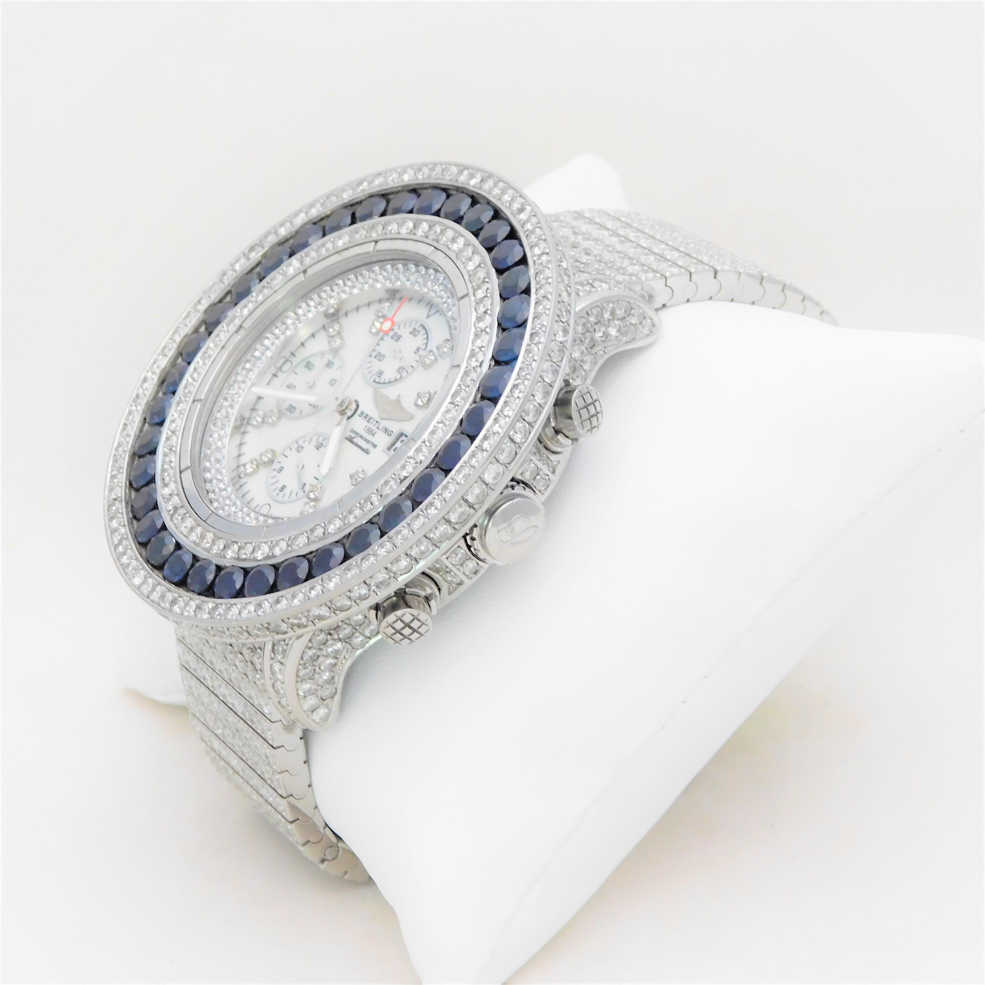 Men's Custom Stainless 45 Carat Diamond and Sapphire Breitling Super Avenger Wristwatc For Sale