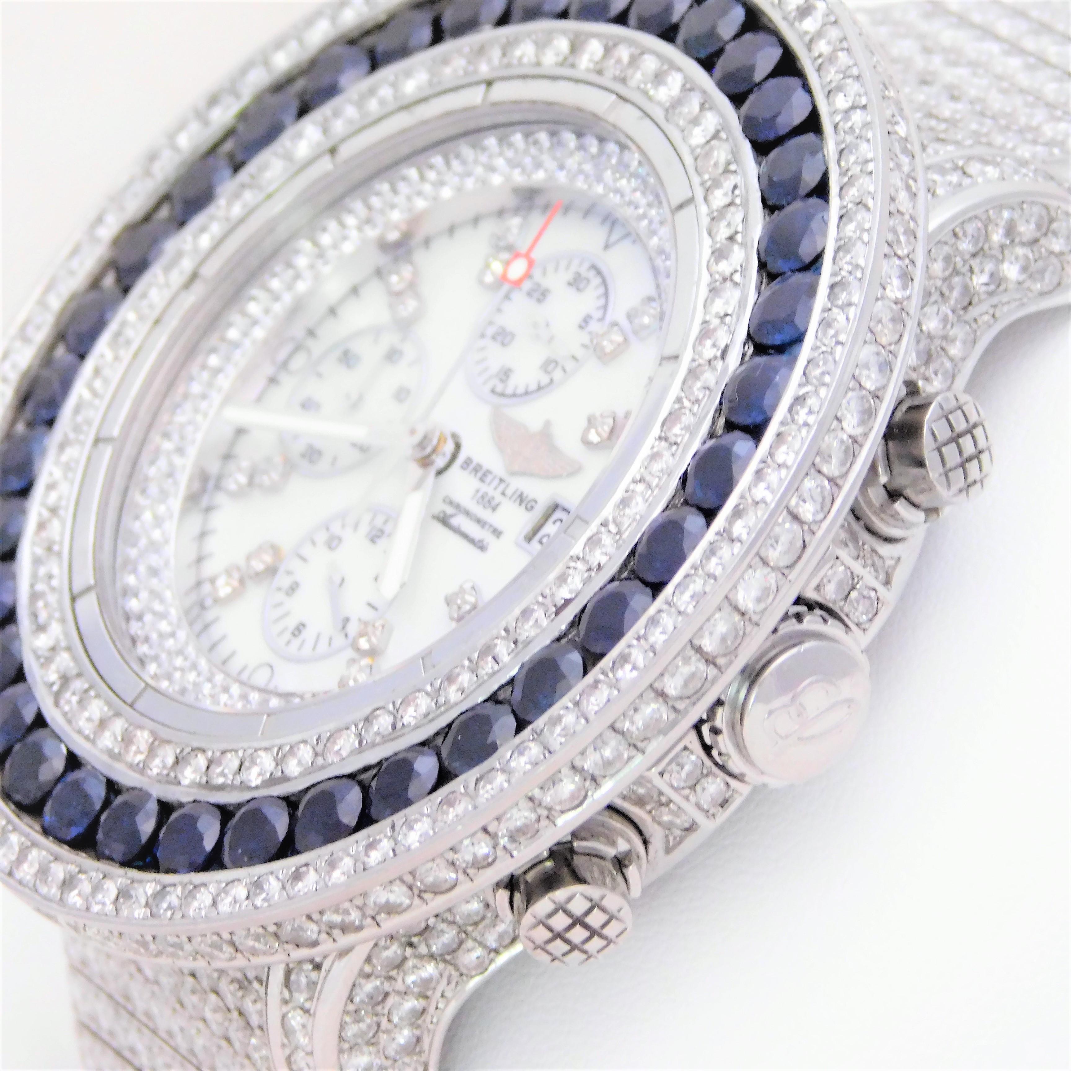 Custom Stainless 45 Carat Diamond and Sapphire Breitling Super Avenger Wristwatc For Sale 1