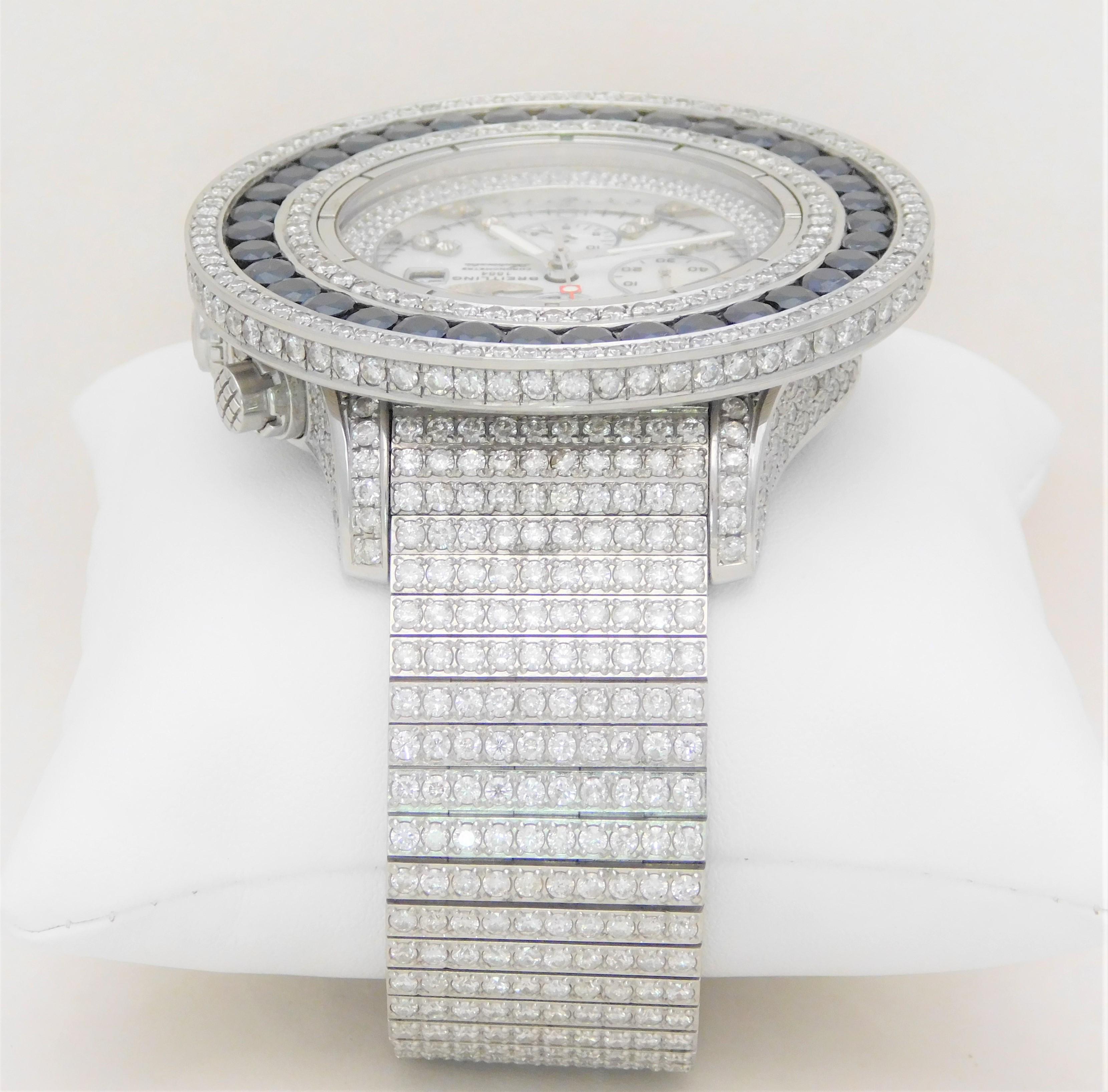 Custom Stainless 45 Carat Diamond and Sapphire Breitling Super Avenger Wristwatc For Sale 3