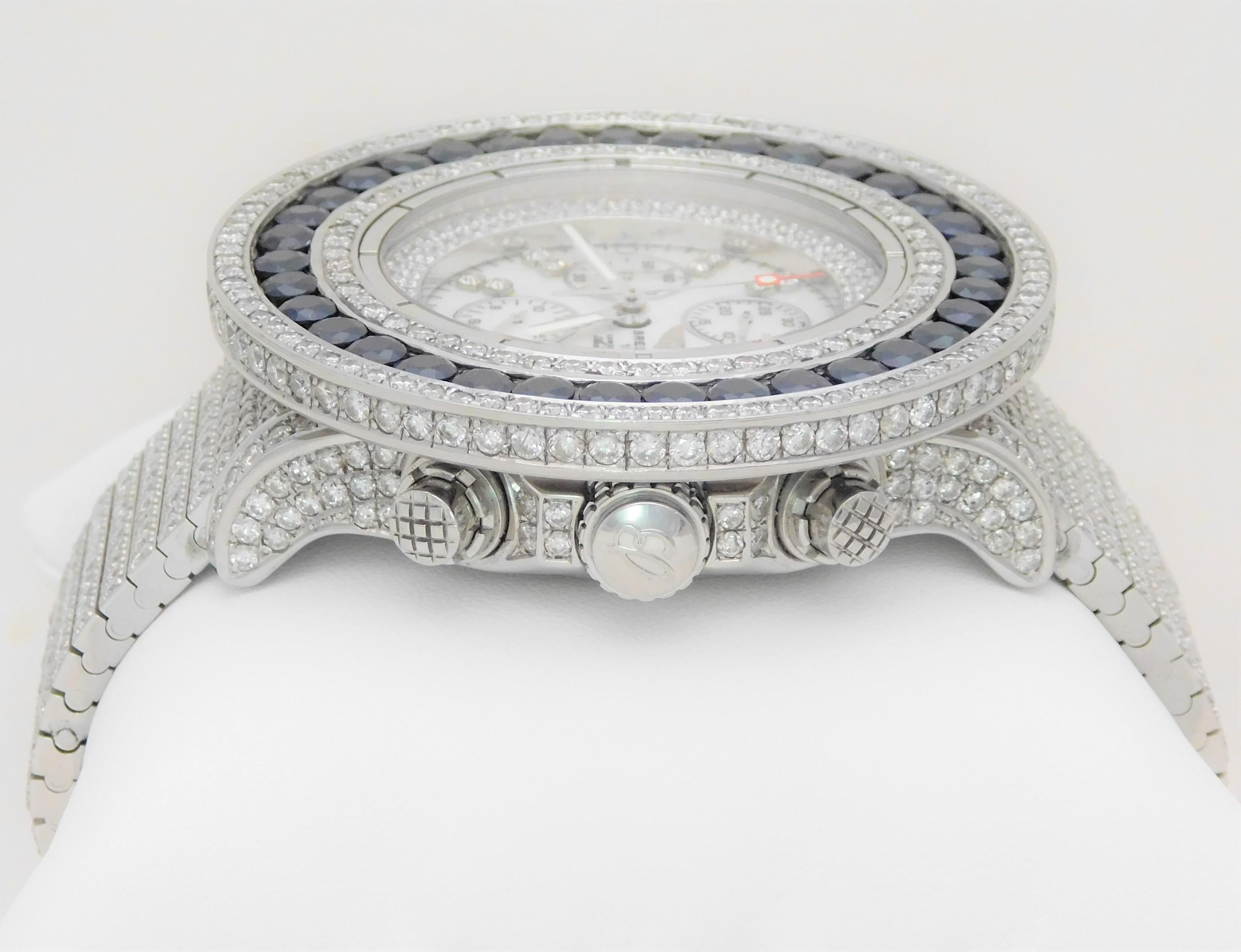 Custom Stainless 45 Carat Diamond and Sapphire Breitling Super Avenger Wristwatc For Sale 4