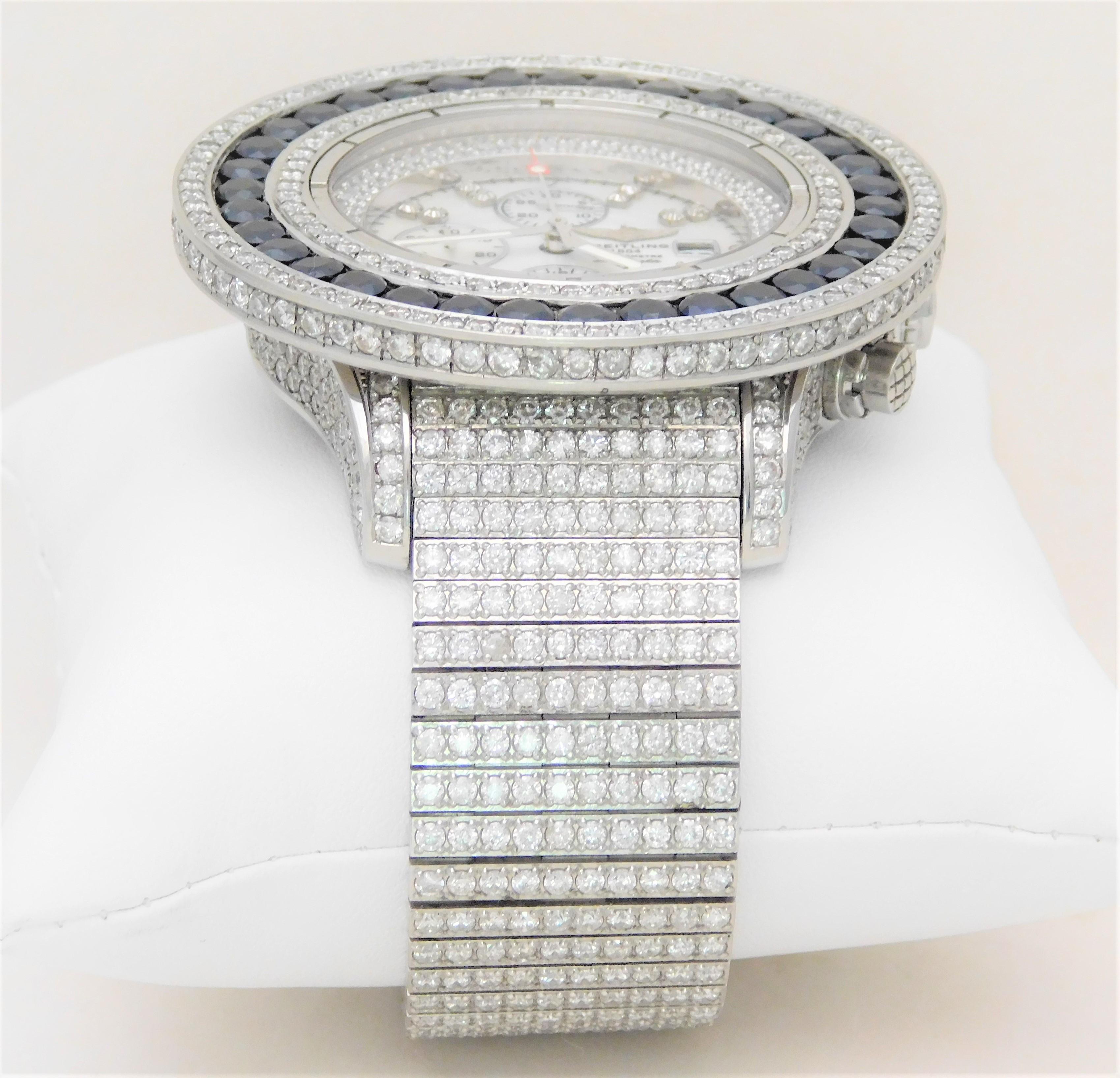 Custom Stainless 45 Carat Diamond and Sapphire Breitling Super Avenger Wristwatc For Sale 5
