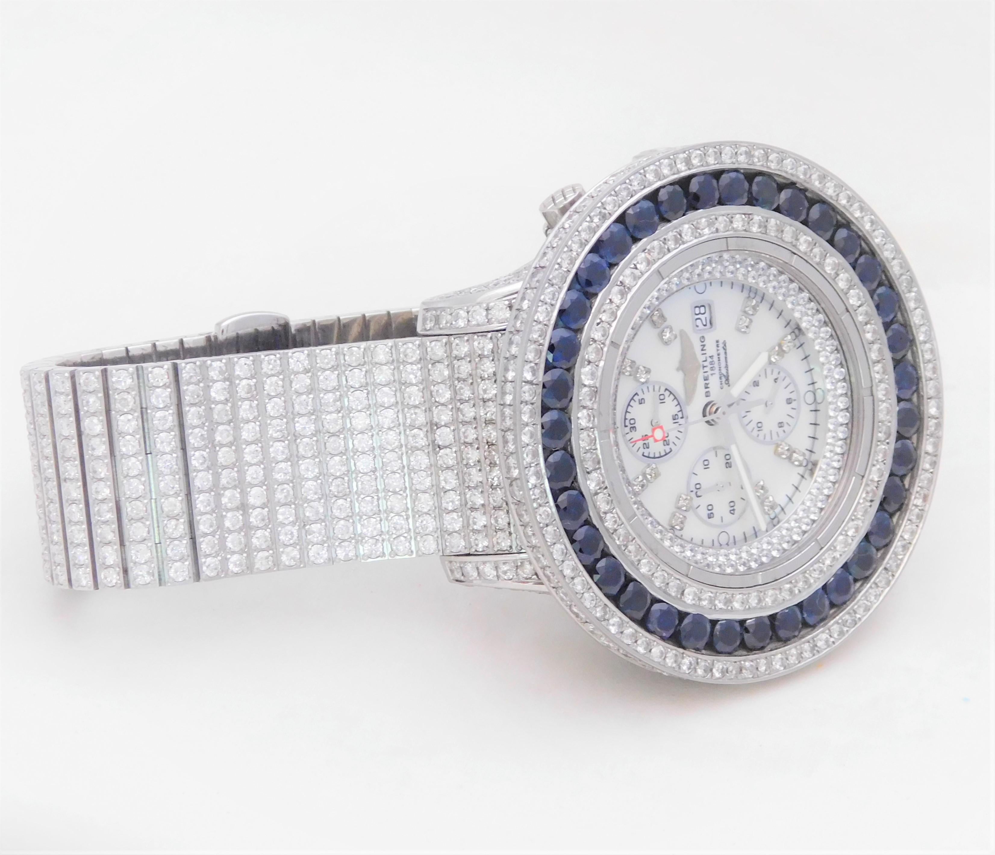 Custom Stainless 45 Carat Diamond and Sapphire Breitling Super Avenger Wristwatc For Sale 10