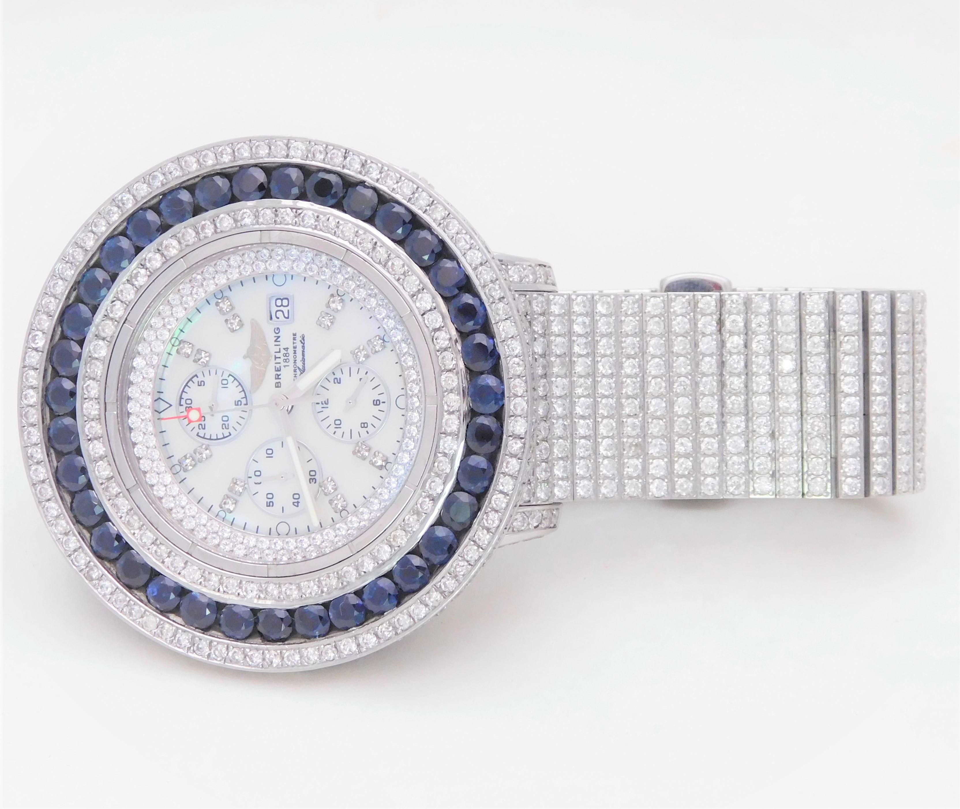 Custom Stainless 45 Carat Diamond and Sapphire Breitling Super Avenger Wristwatc For Sale 11