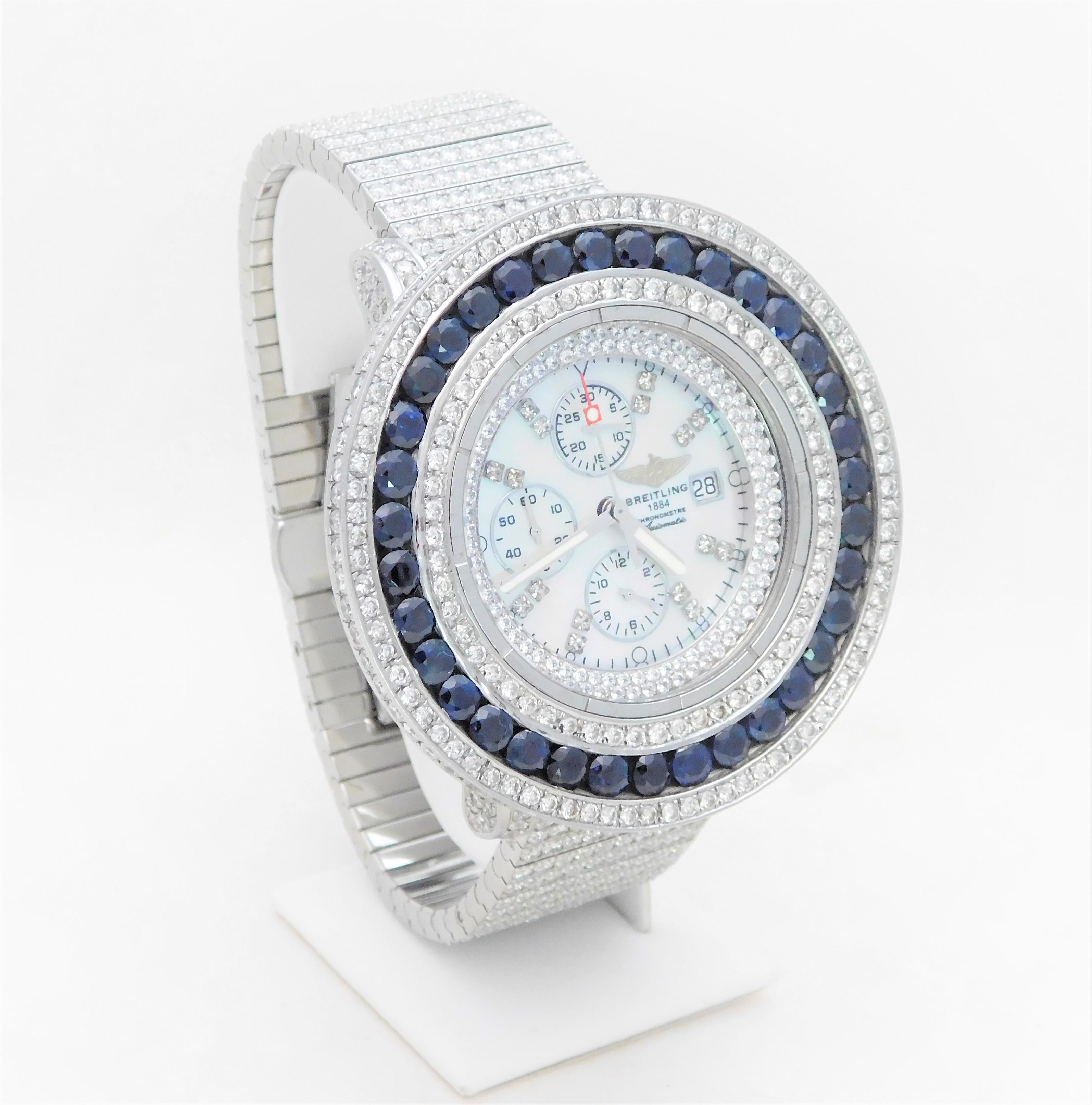 Custom Stainless 45 Carat Diamond and Sapphire Breitling Super Avenger Wristwatc For Sale 13