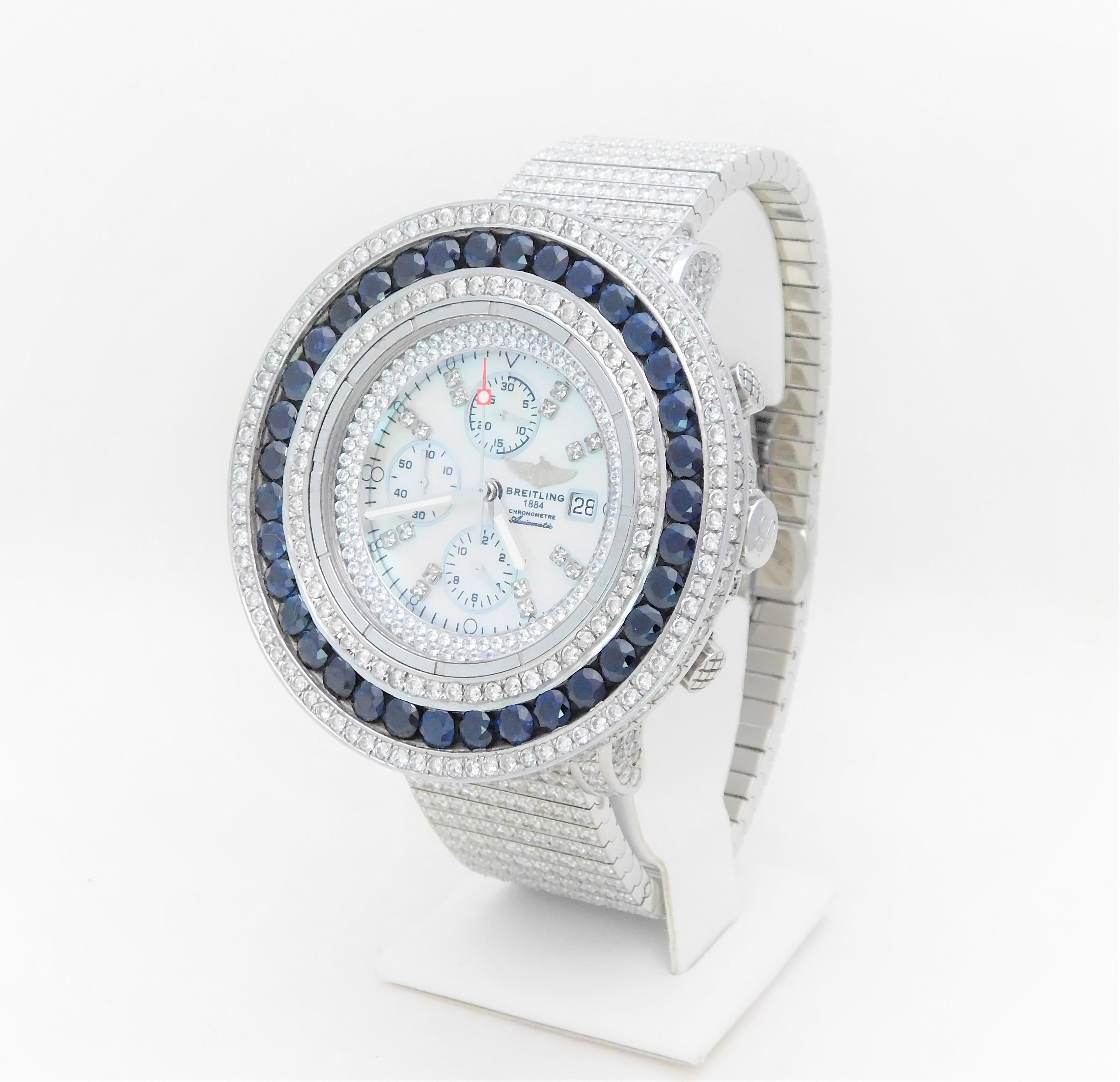 Custom Stainless 45 Carat Diamond and Sapphire Breitling Super Avenger Wristwatc For Sale 14