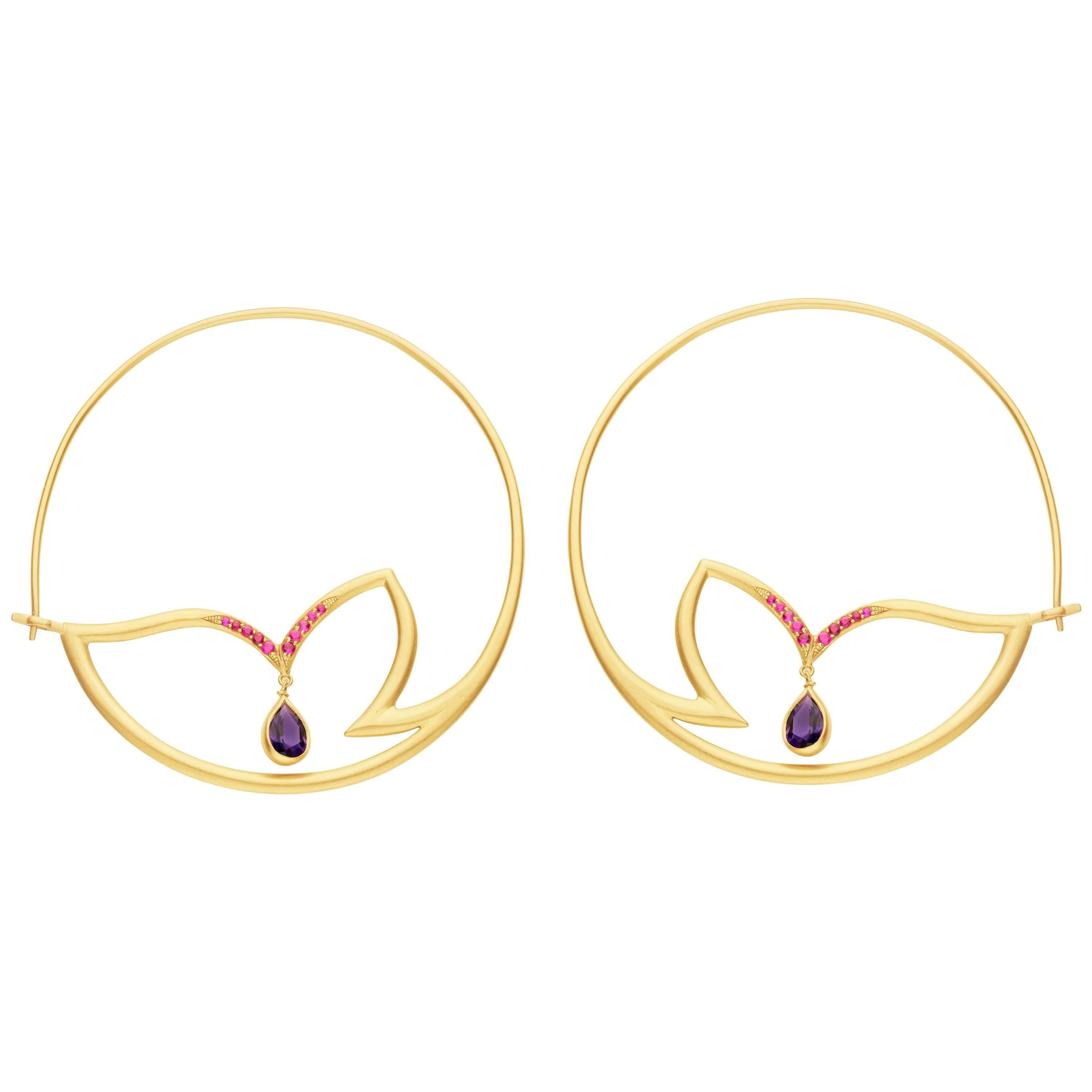Alice Cicolini Chattri Ruby Amethyst Gold Hoop Earrings For Sale