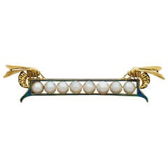 Art Nouveau Enamel Natural Pearl Gold Brooch