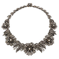 Antique Late Victorian Diamonds Silver Gold Flower Necklace