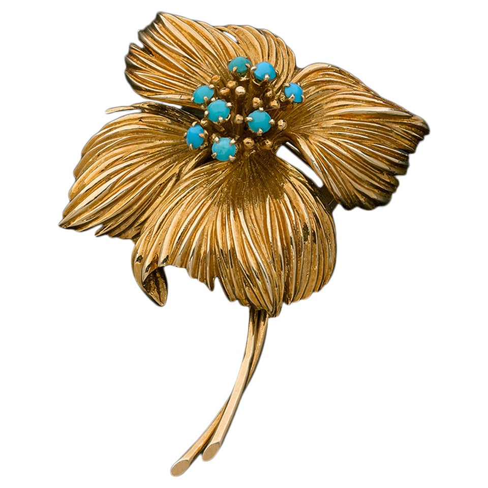 1960s Van Cleef & Arpels Turquoise Gold Flower Brooch