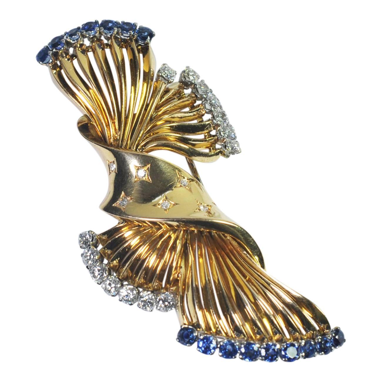 Gubelin Sapphire Diamond Gold Brooch For Sale