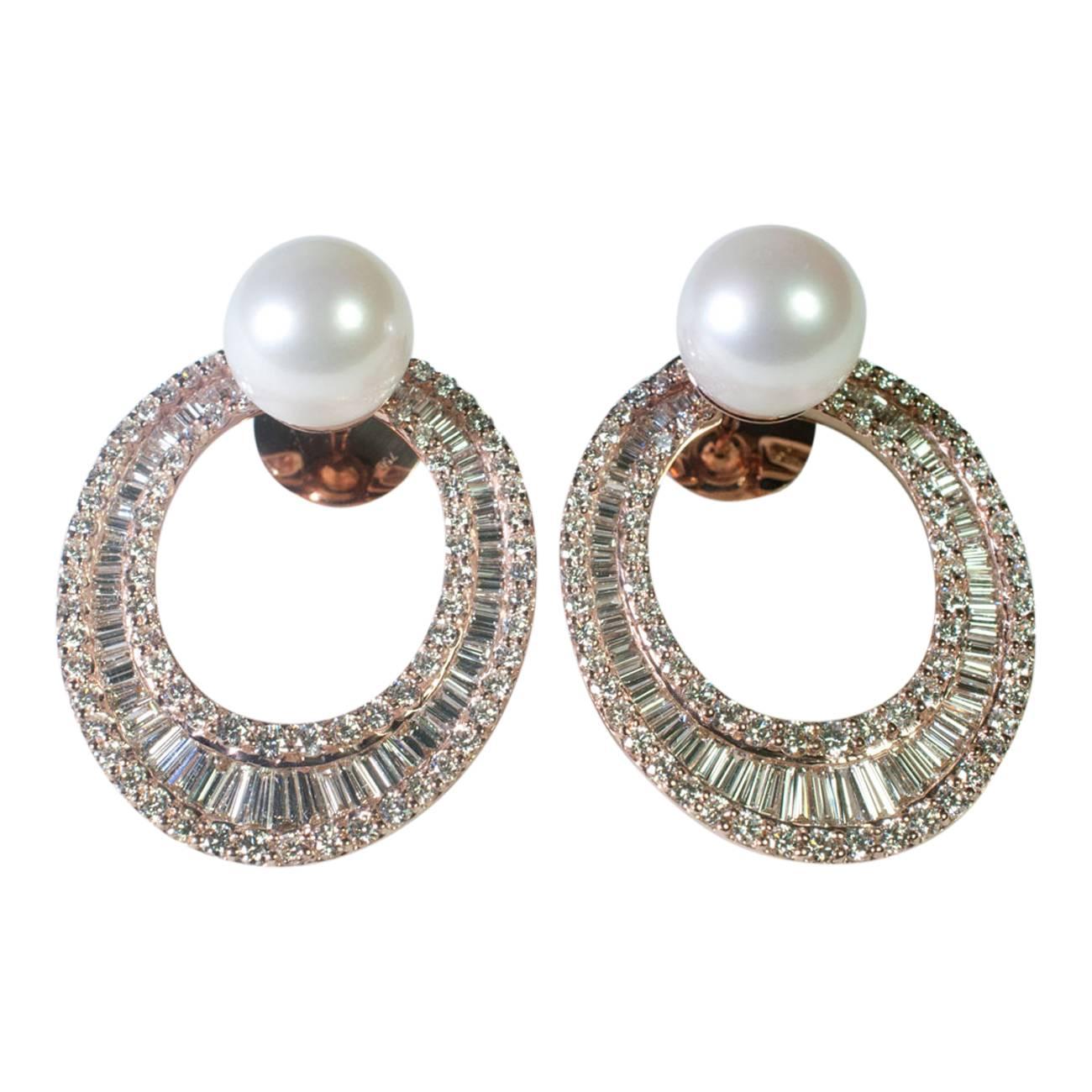 Diamond 9 Carat South Sea Pearl Gold Hooped Earrings