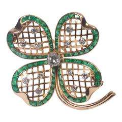 Vintage Mauboussin Emerald Diamond Gold Shamrock Brooch