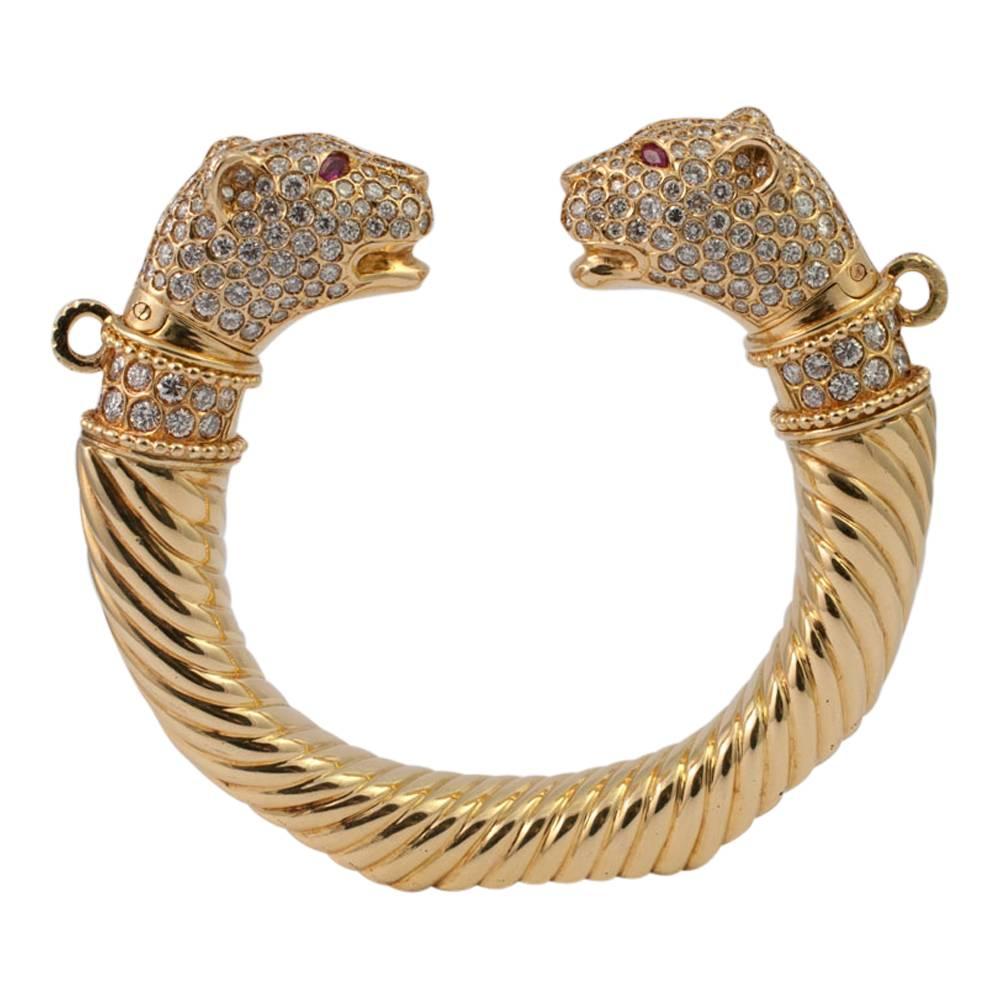 Diamond Gold Torc Double Head Panther Bangle Bracelet 