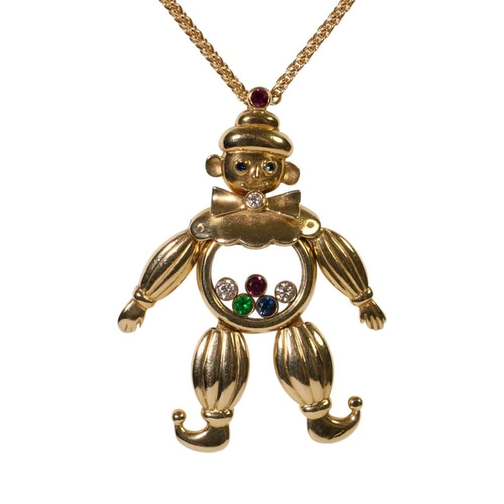 Chopard Happy Diamond 18 Carat Gold Emerald Ruby Sapphire Clown Pendant Necklace For Sale
