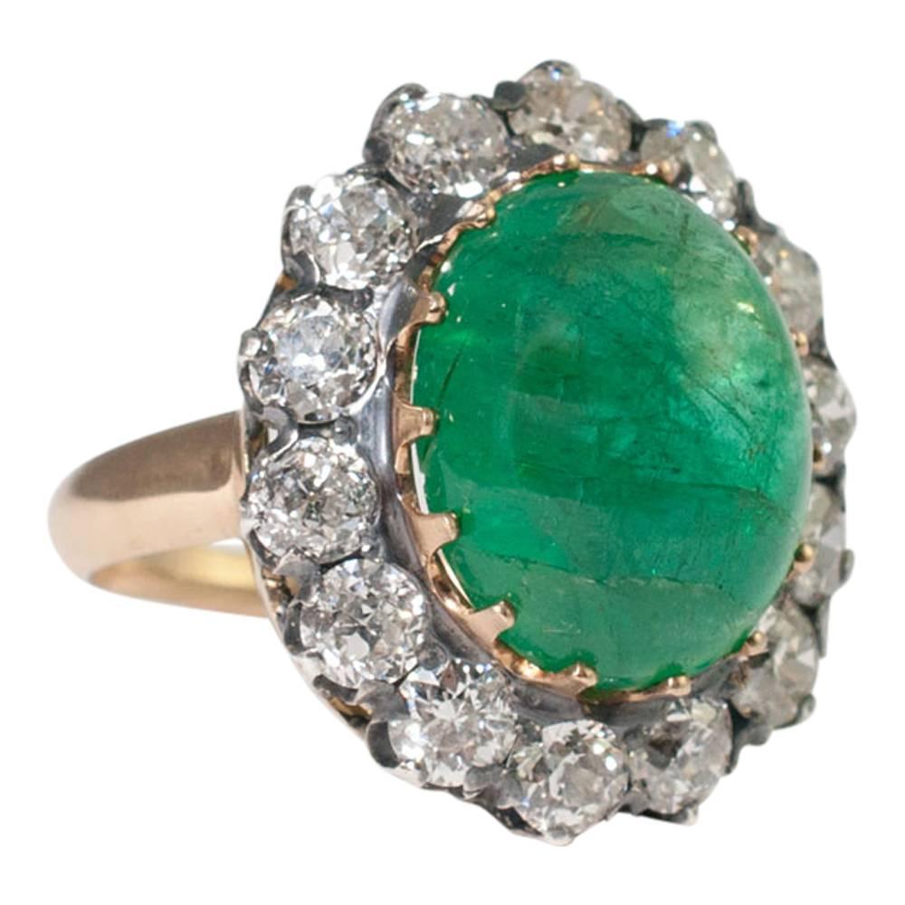 Antique Victorian Cabochon Emerald Diamond Silver Ring For Sale