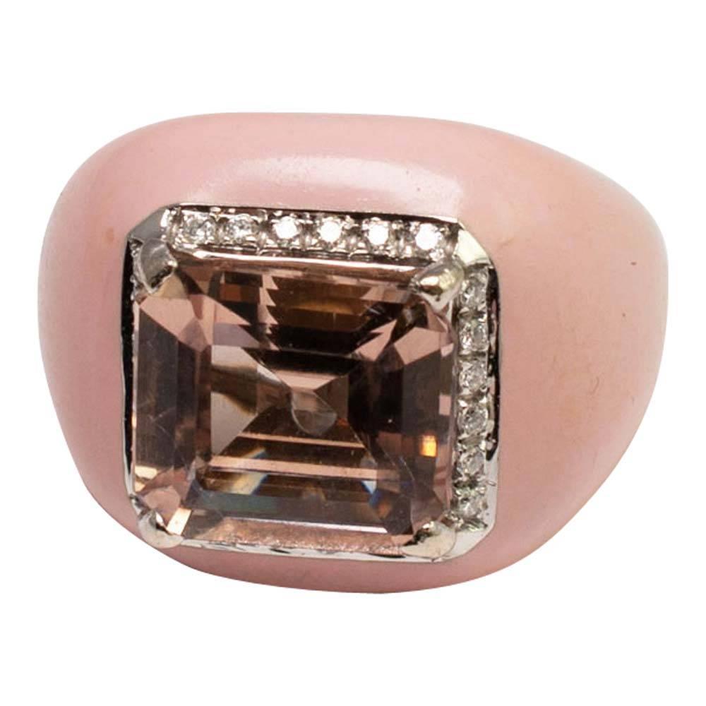 Morganite Diamond Pink Enamel Gold Cocktail Ring For Sale