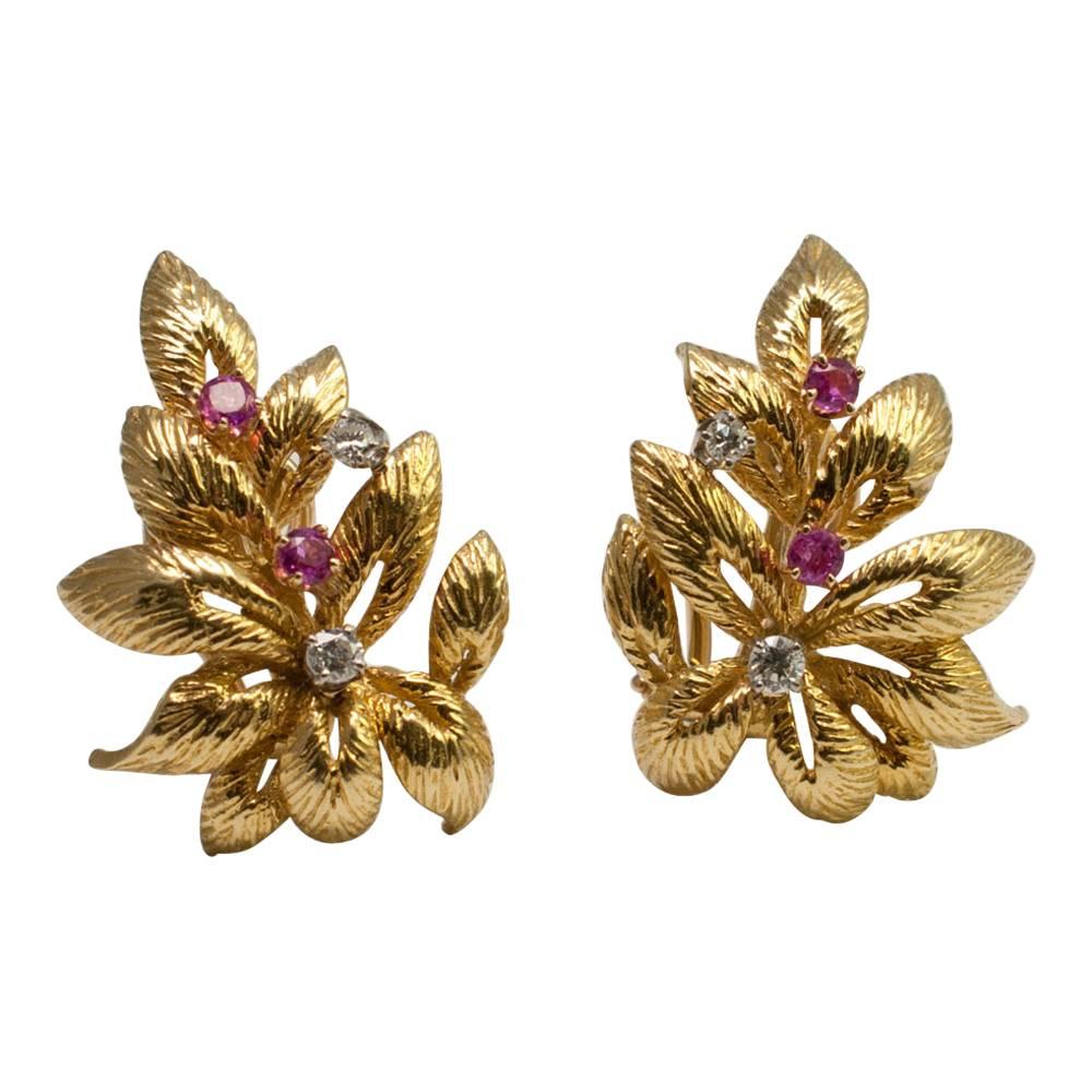 Ruby Diamond Gold Leaf Earrings