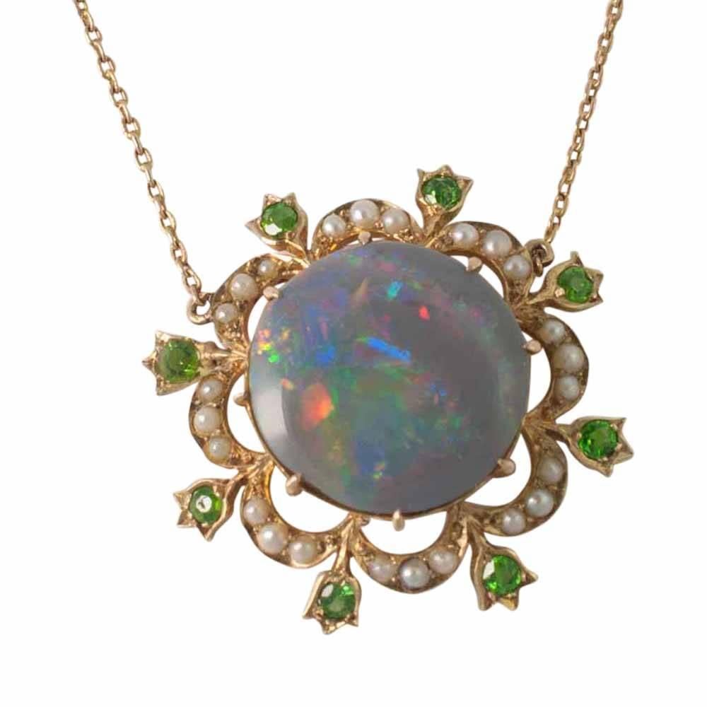 Edwardian Black Opal Demantoid Garnet Pearl Gold Pendant