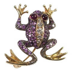 Vintage Pink Sapphire Diamond Gold Frog Pendant Brooch