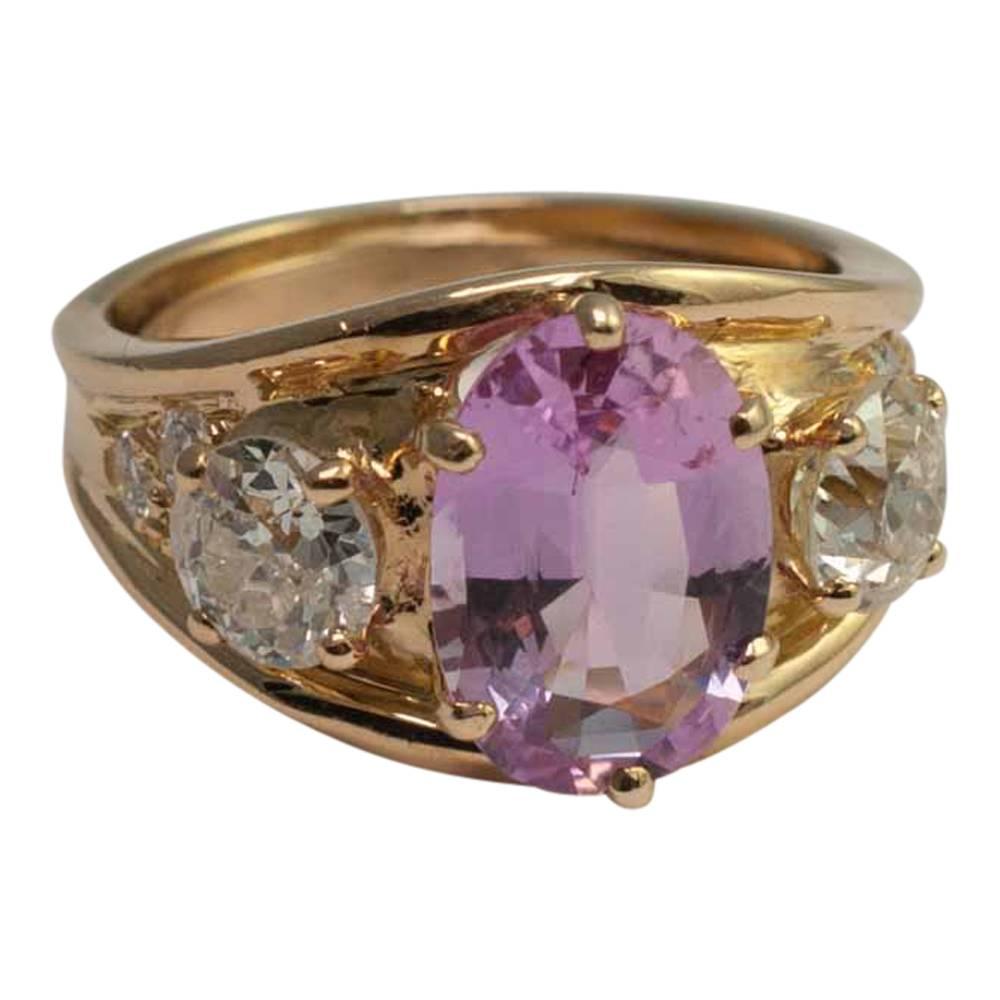 Pink Topaz and Diamond Three-Stone Ring For Sale