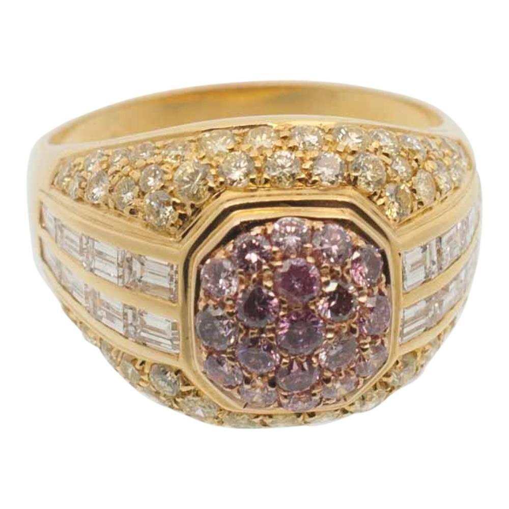 Pink Yellow White Diamond Bombé Gold Ring For Sale