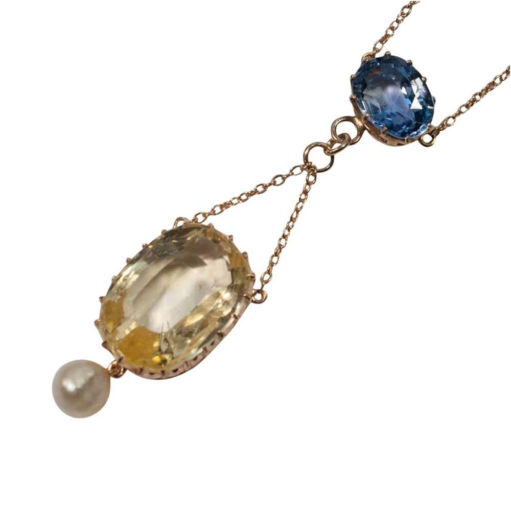 Edwardian Natural Yellow Blue Sapphire Pearl Gold Pendant Circa 1910  For Sale
