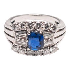 Circa 1970 Midcentury Blue Sapphire Diamond Gold Engagement Band Ring