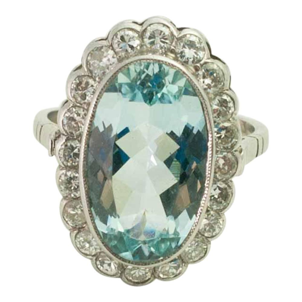 Large Vintage Oval Aquamarine Diamond Platinum Ring