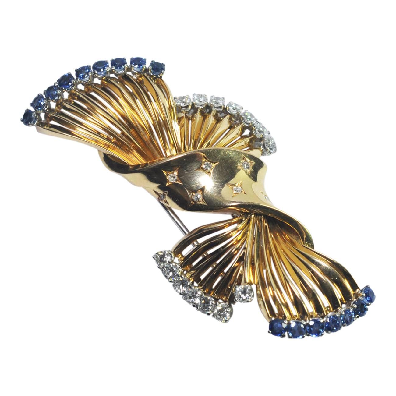 Women's Gubelin Sapphire Diamond Gold Brooch For Sale