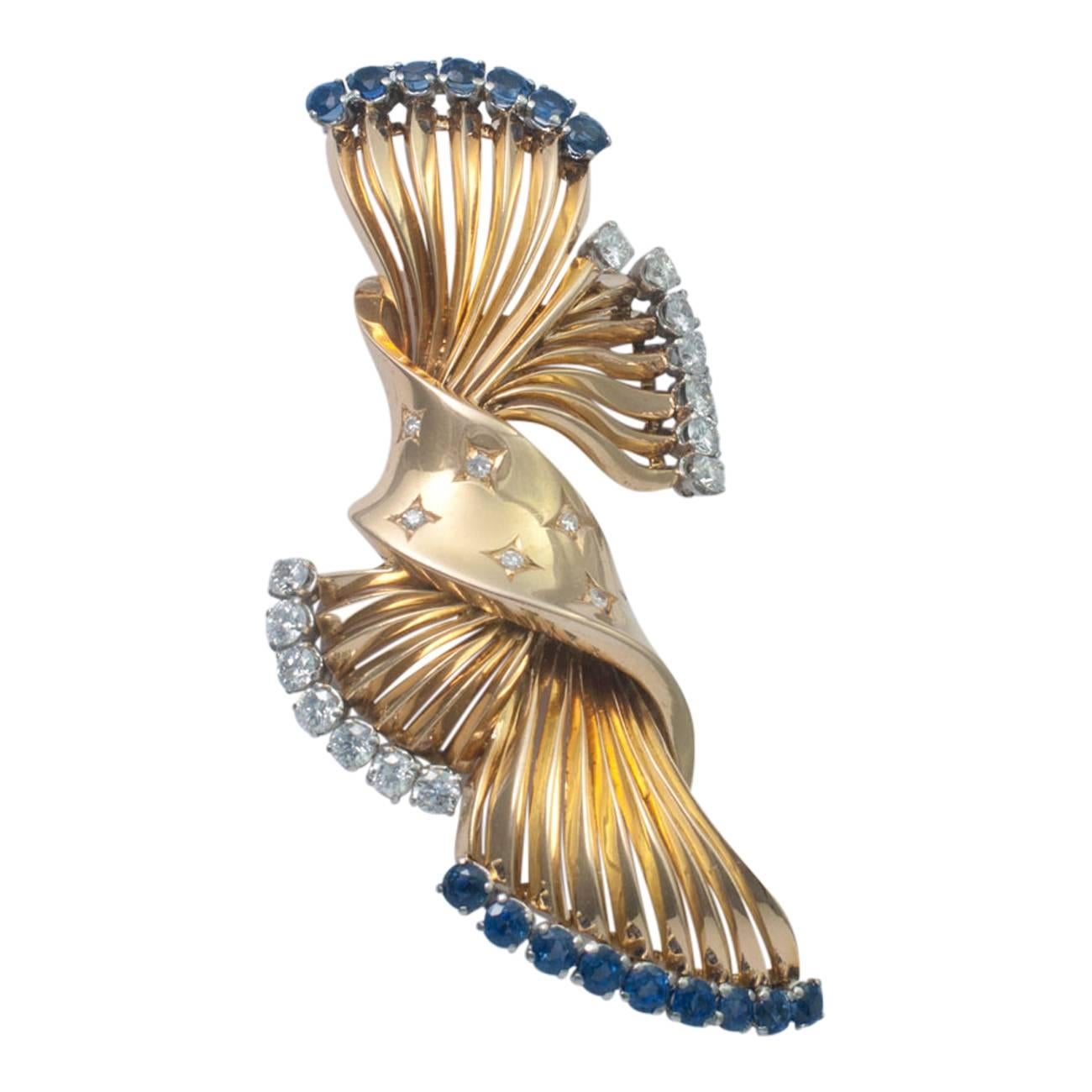 Gubelin Sapphire Diamond Gold Brooch For Sale 1
