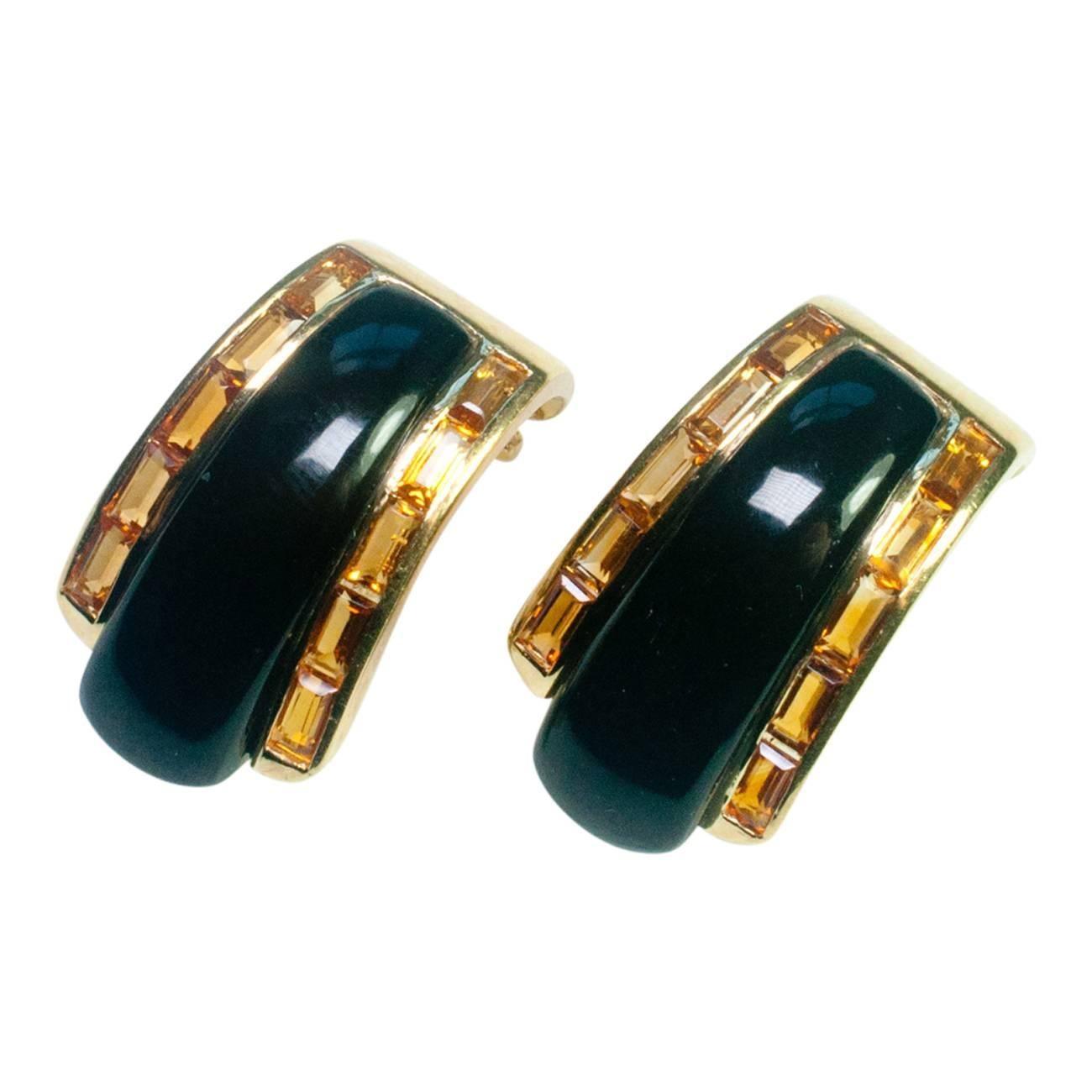 Art Deco Sabbadini Onyx Citrine Gold Clip-On Earrings For Sale