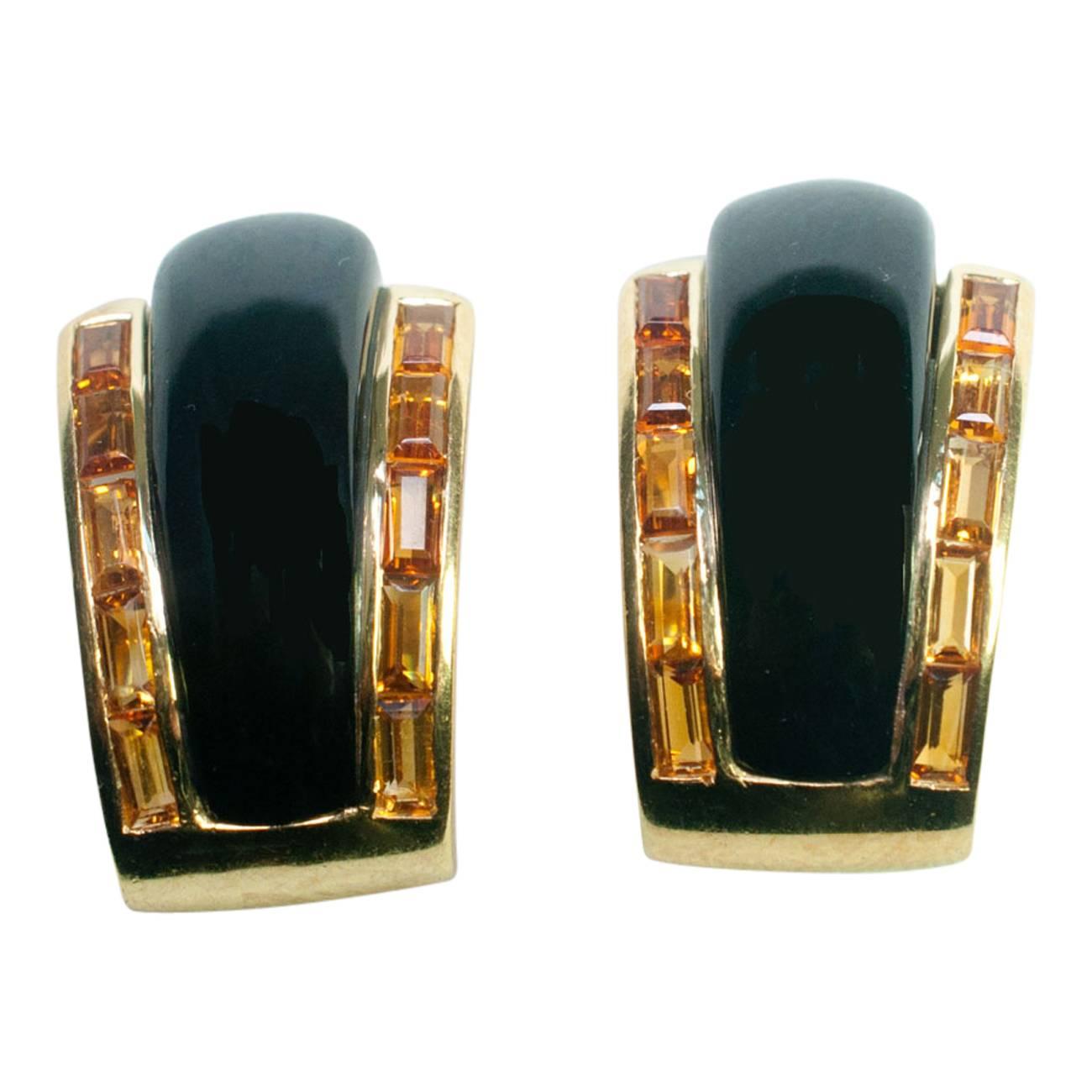 Women's Sabbadini Onyx Citrine Gold Clip-On Earrings For Sale