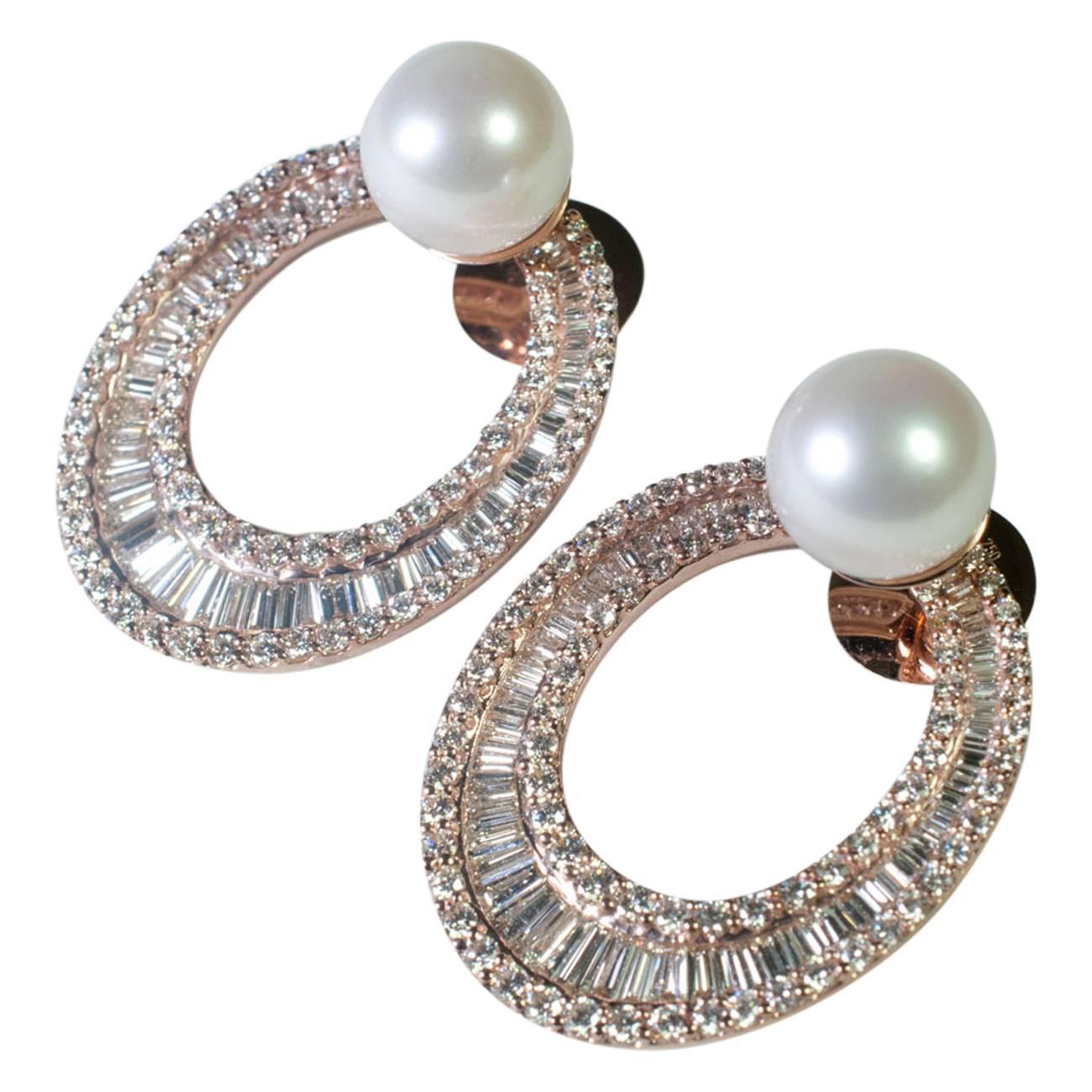 Women's Diamond 9 Carat South Sea Pearl Gold Hooped Earrings