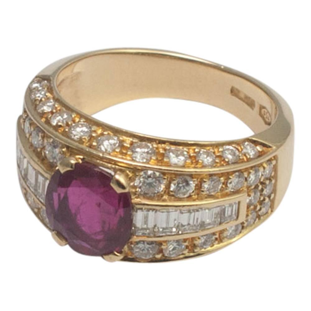 Baguette Cut Fred Ruby Diamond Gold Ring For Sale