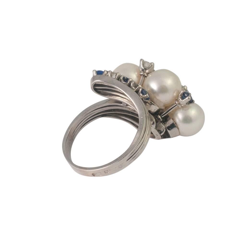 Pearl Sapphire Diamond Platinum Ring In Excellent Condition In ALTRINCHAM, GB