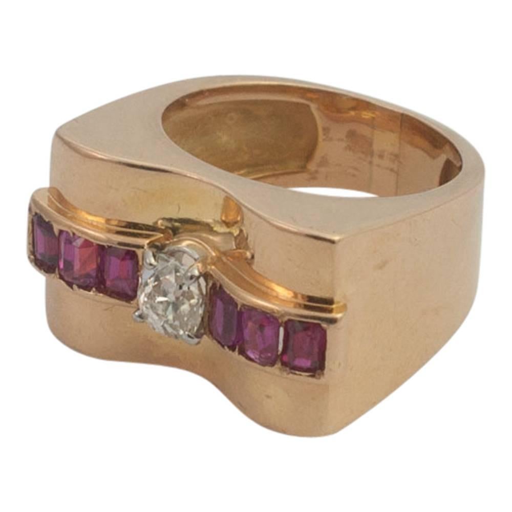 Art Deco Ruby Diamond, Mid-Century Ring For Sale