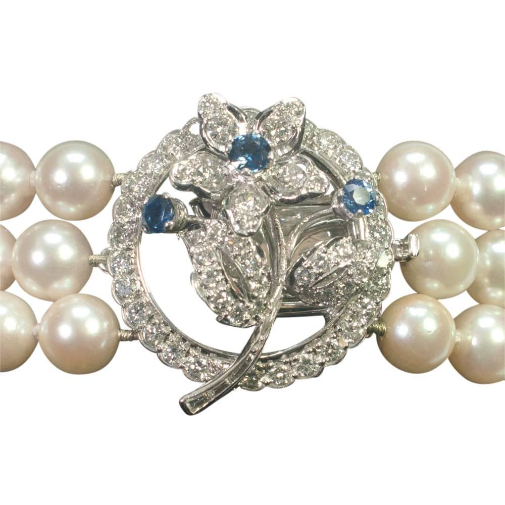 Cultured Pearl Diamond Sapphire Bracelet In Excellent Condition In ALTRINCHAM, GB