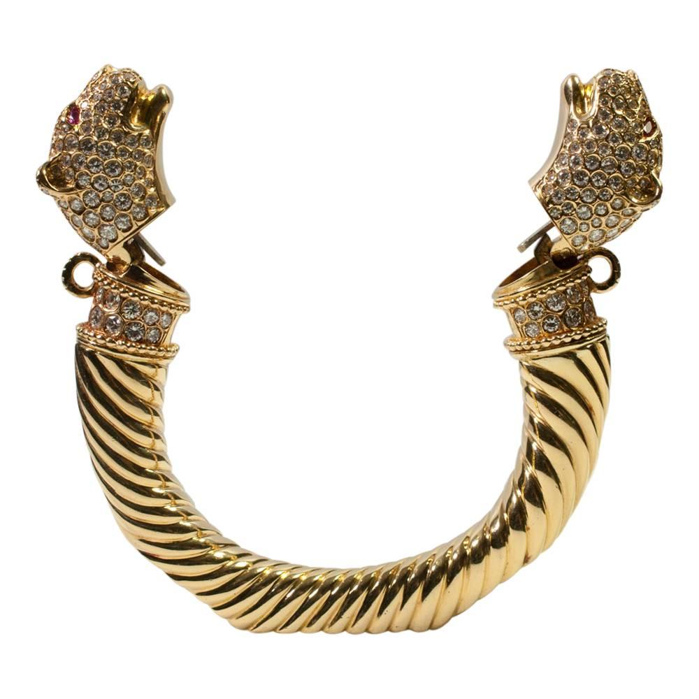 Diamond Gold Torc Double Head Panther Bangle Bracelet  In Excellent Condition In ALTRINCHAM, GB