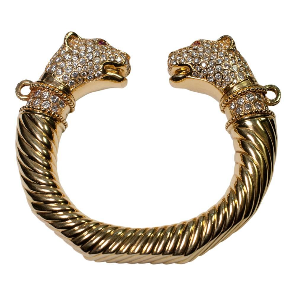 Diamond Gold Torc Double Head Panther Bangle Bracelet  2