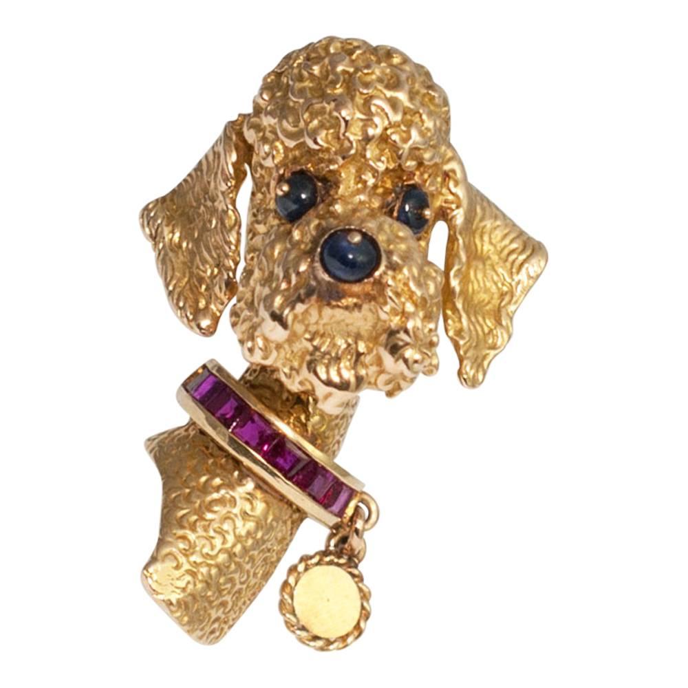 Cute 18ct gold French poodle looking for a new home! Our poodle has cabochon sapphire eyes and nose and a calibre cut ruby collar with his name tag attached to it.  He fastens with a double pin fitting for added security and measures 3cms in length.